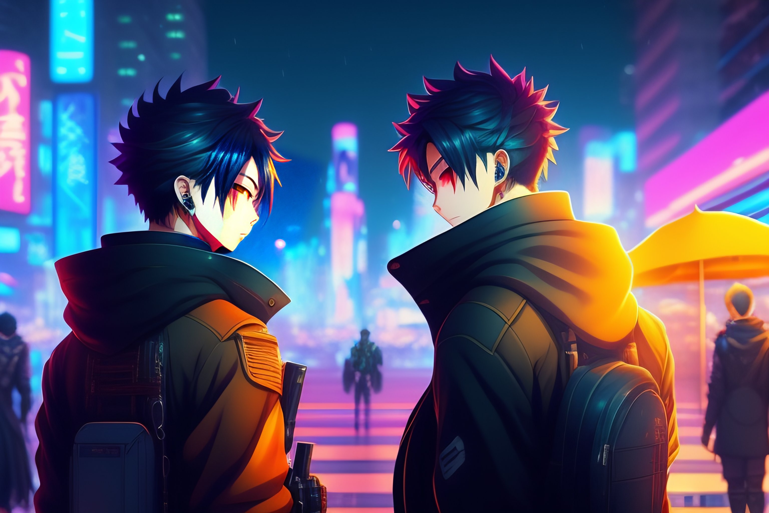 Lexica - Anime men listen music in a cyberpunk city in the night