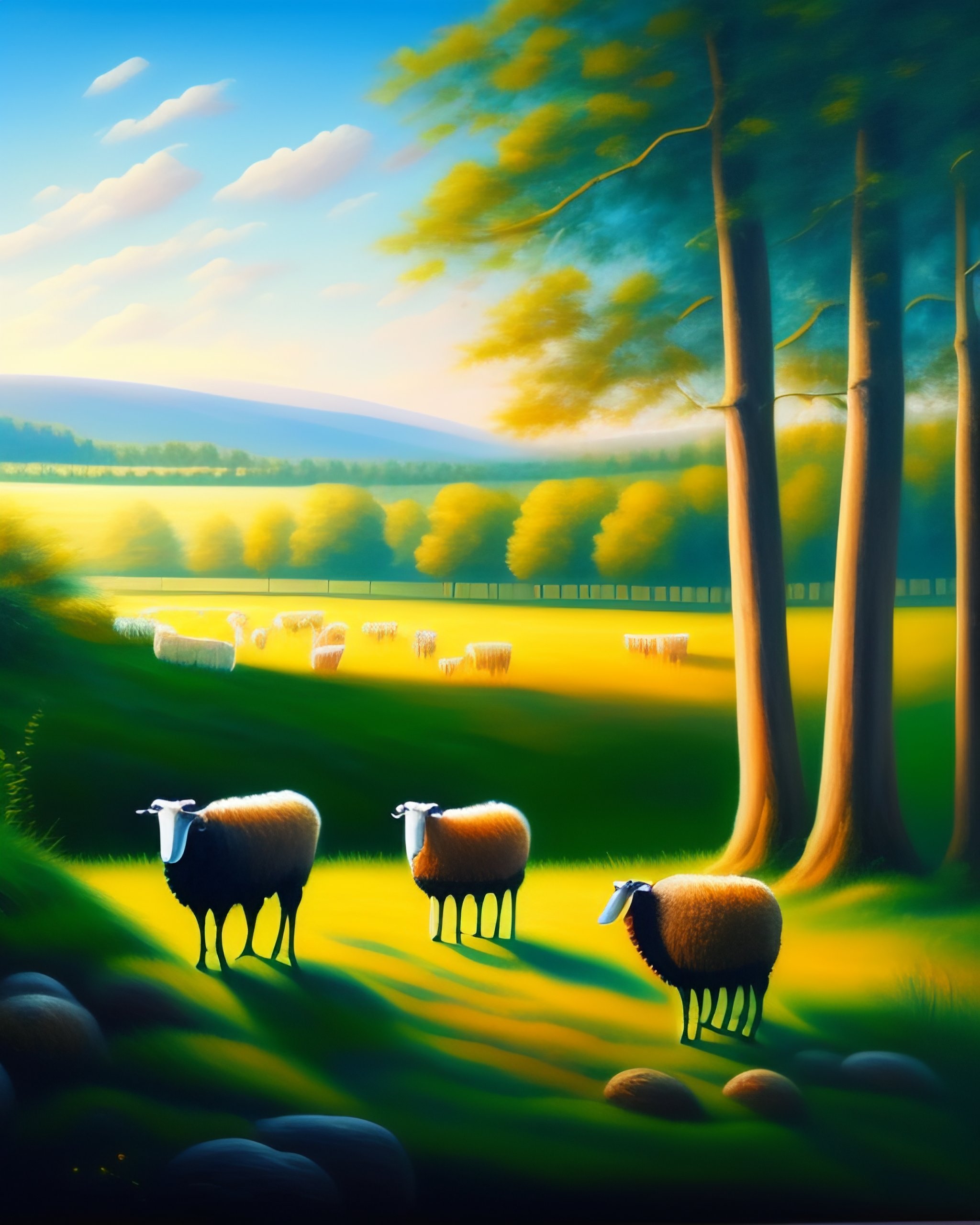 Lexica - Large field landscape with sheep and humans playing, trees in ...