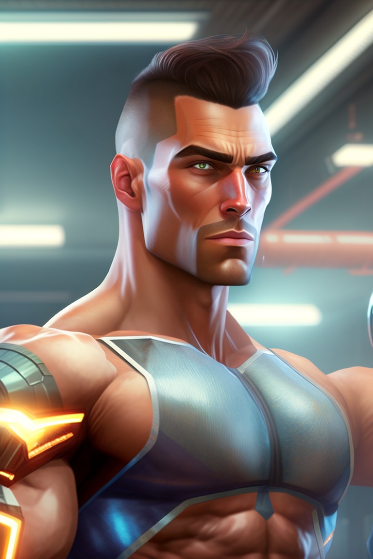 Lexica - Muscular adult male, android, human head, mechanical parts ...