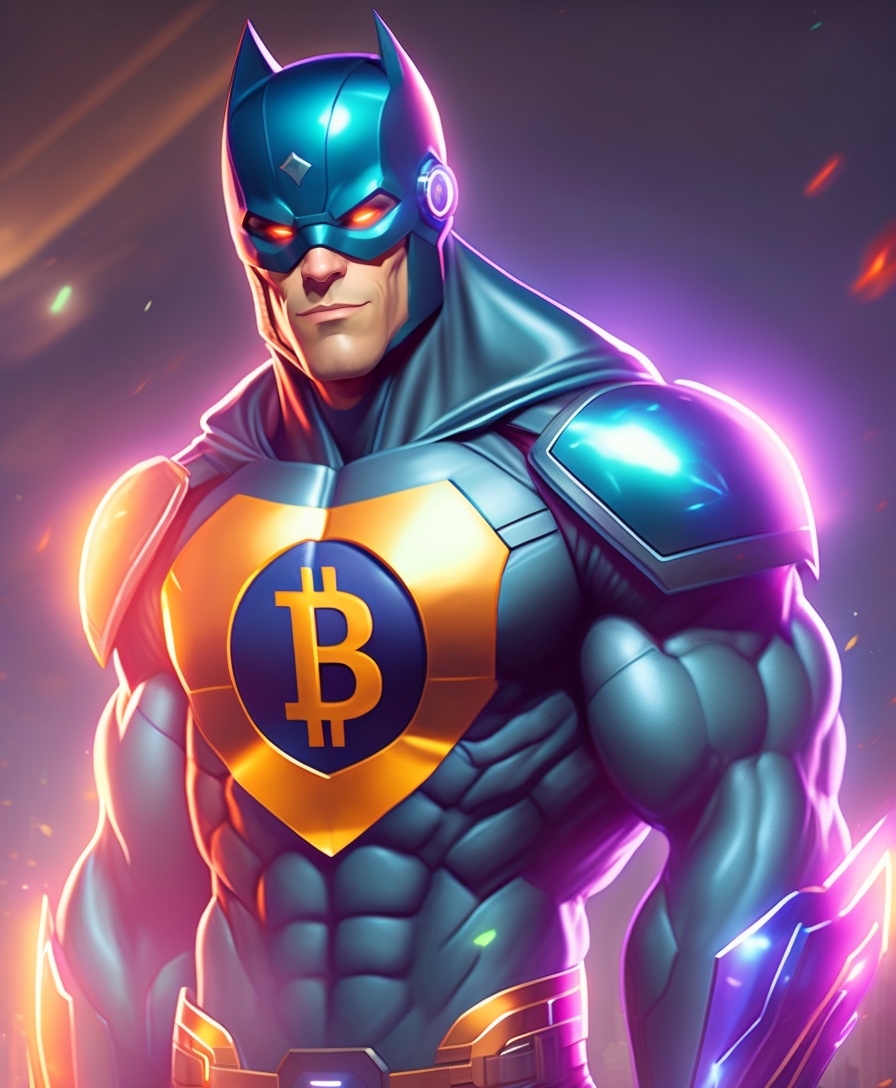 Lexica - A well-built, well-built super hero wearing a bitcoin super suit