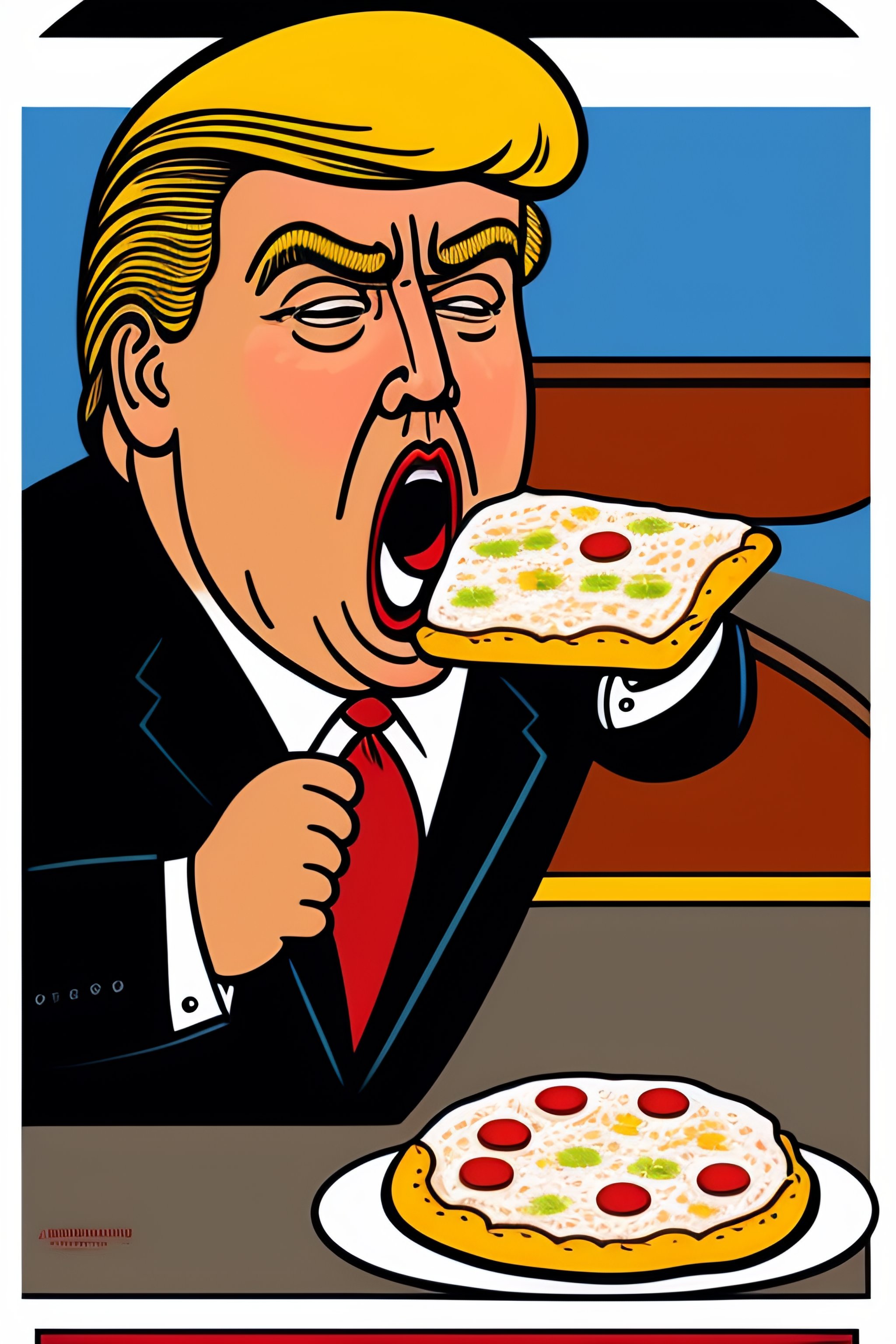 Lexica - Children's book illustration of Donald Trump eating a pizza
