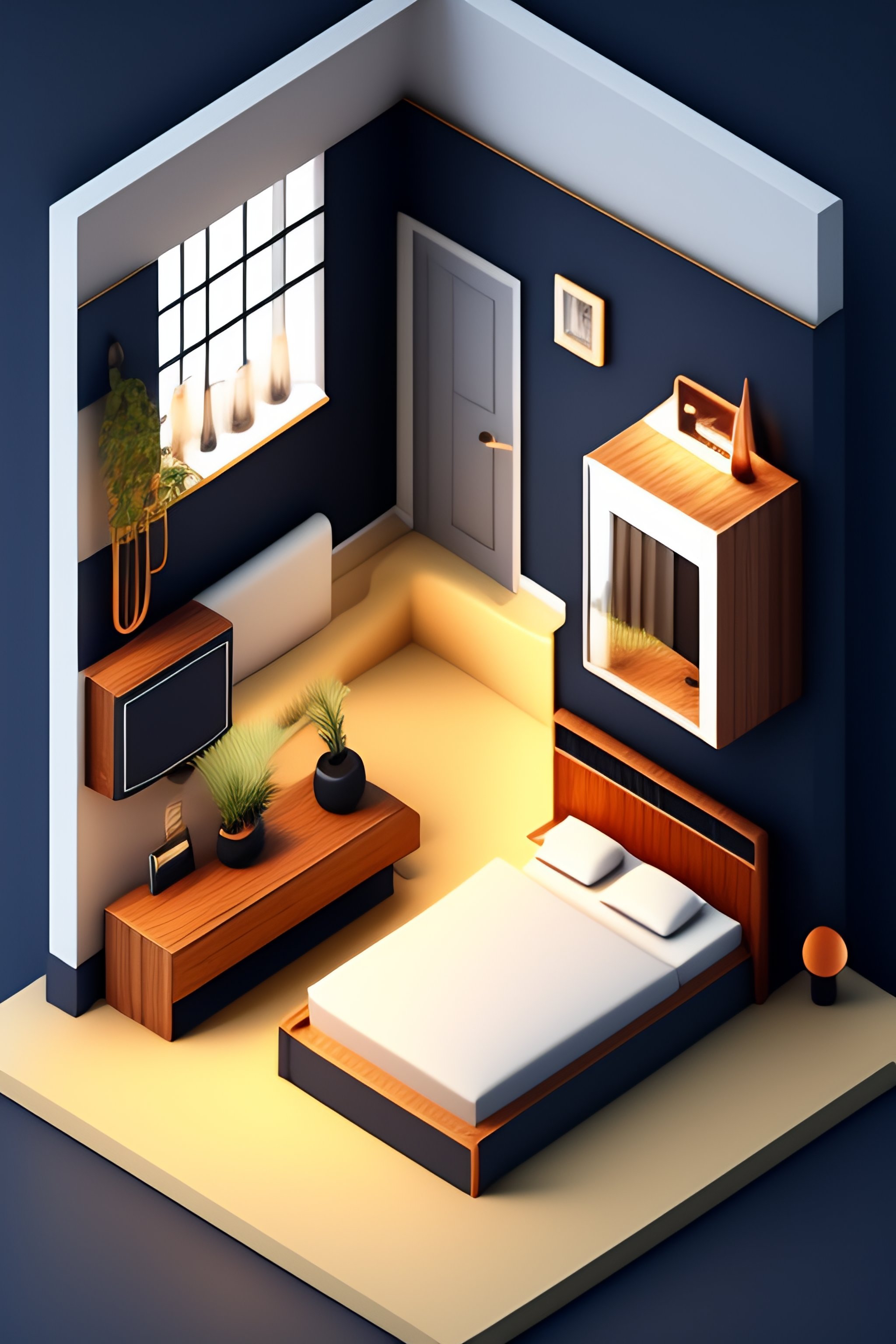Lexica - Isometric render of the bedroom interior of a a modern middle ...
