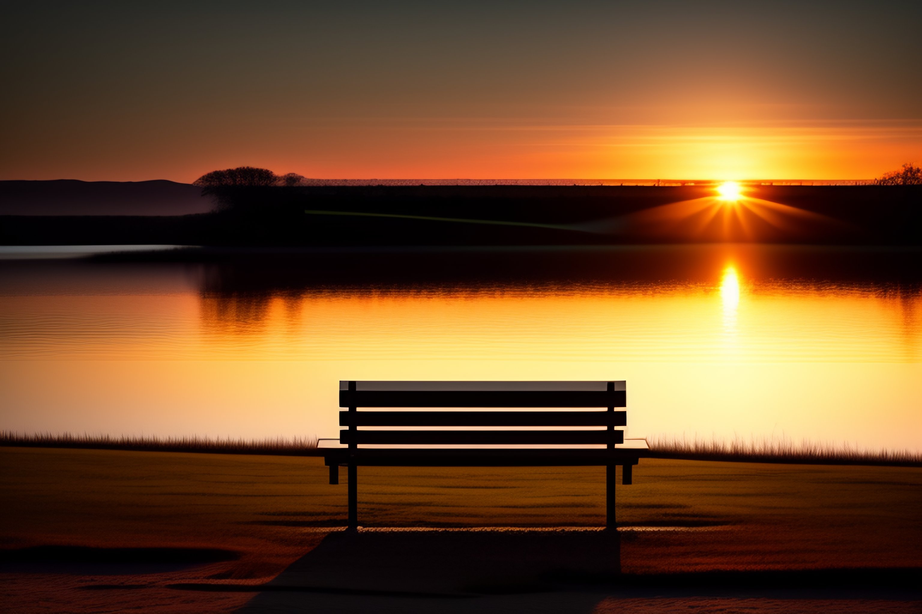 Lexica Peaceful bench a beautiful landscape in front of it at sunset