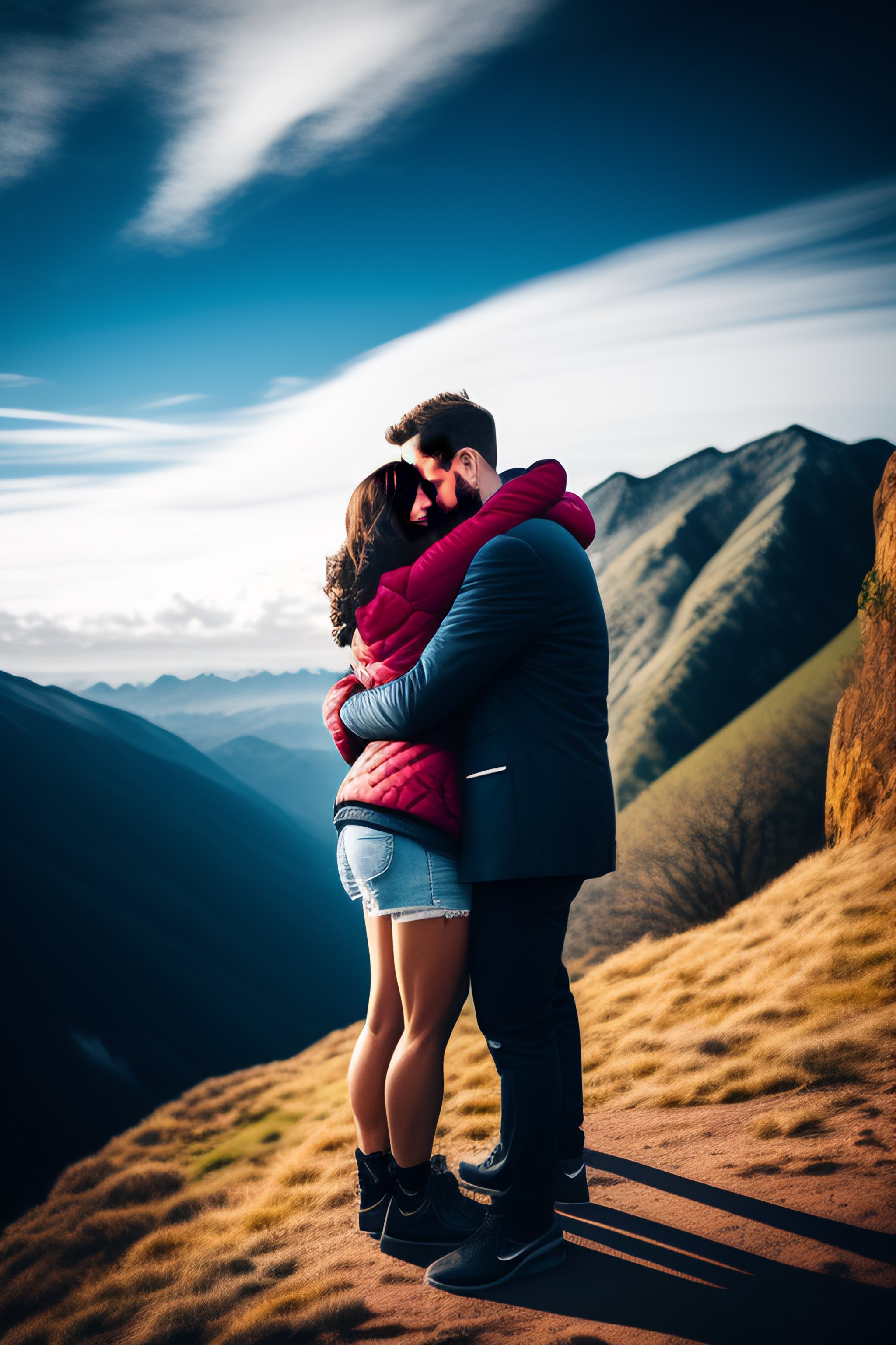 Lexica A short girl and tall boy hugging on top of mountains