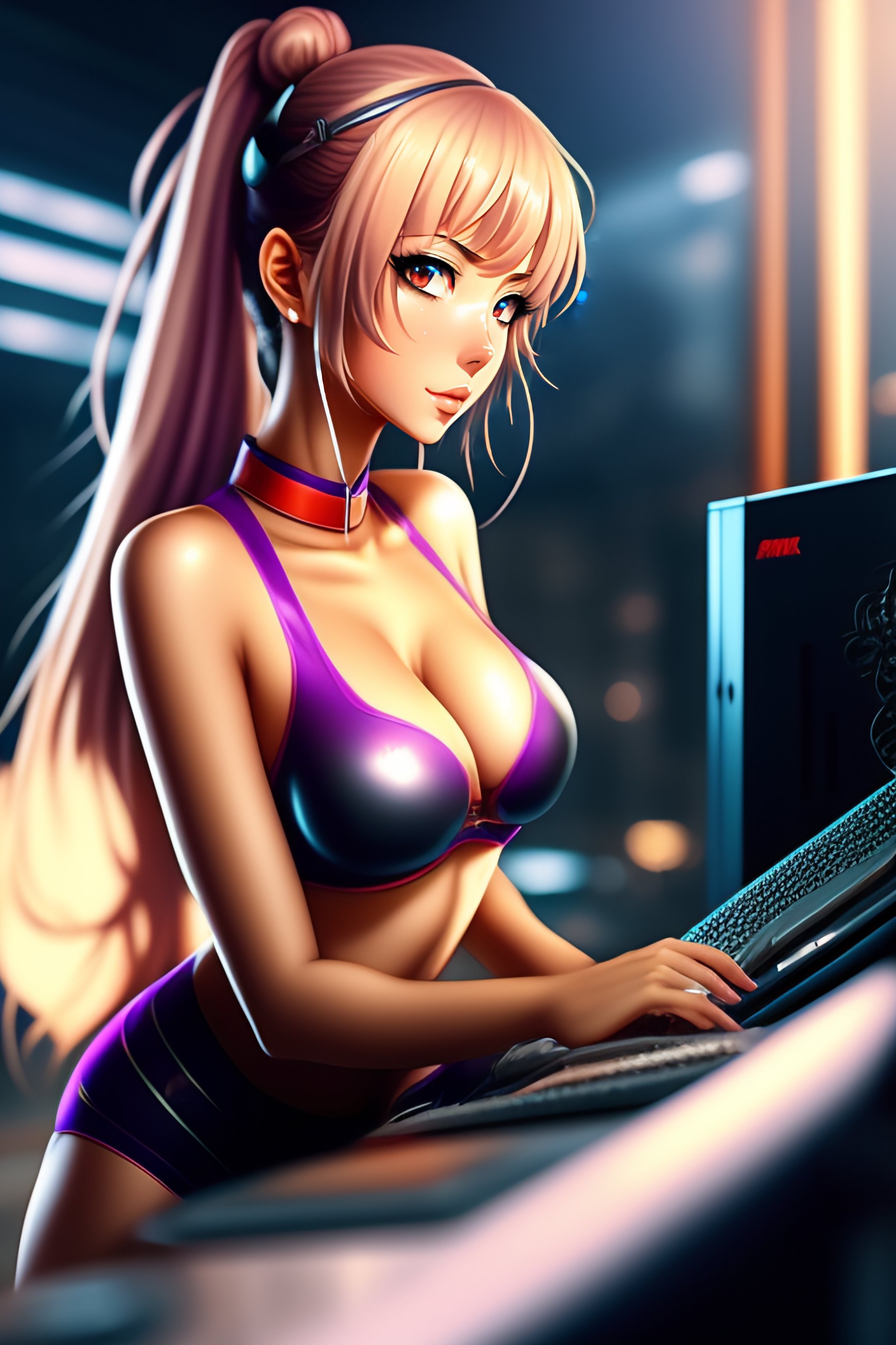 Lexica Sexy Anime Girl Working On Computer In Loft Skyline