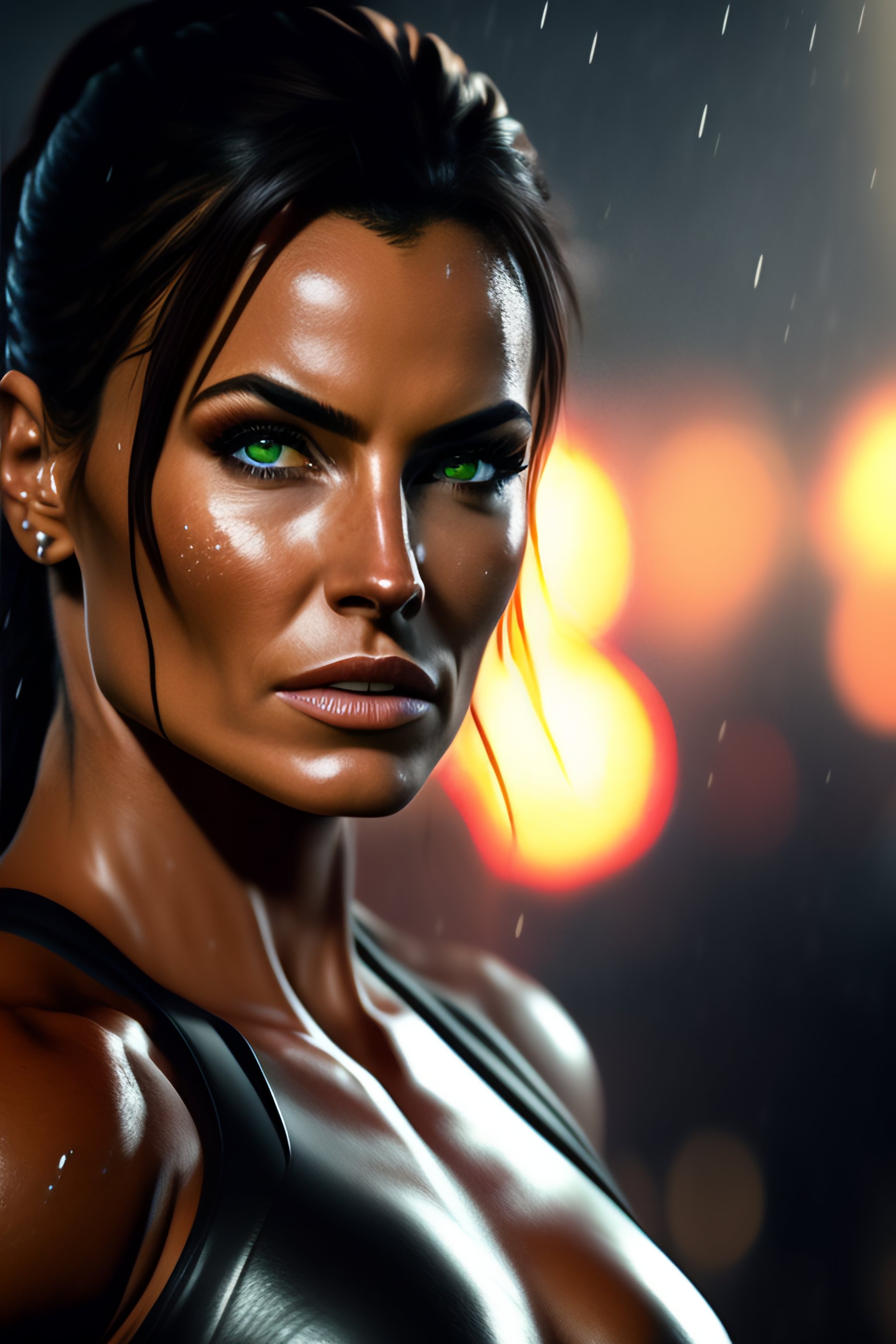 Lexica - Candid action photographic portrait muscular sweat lara croft ...
