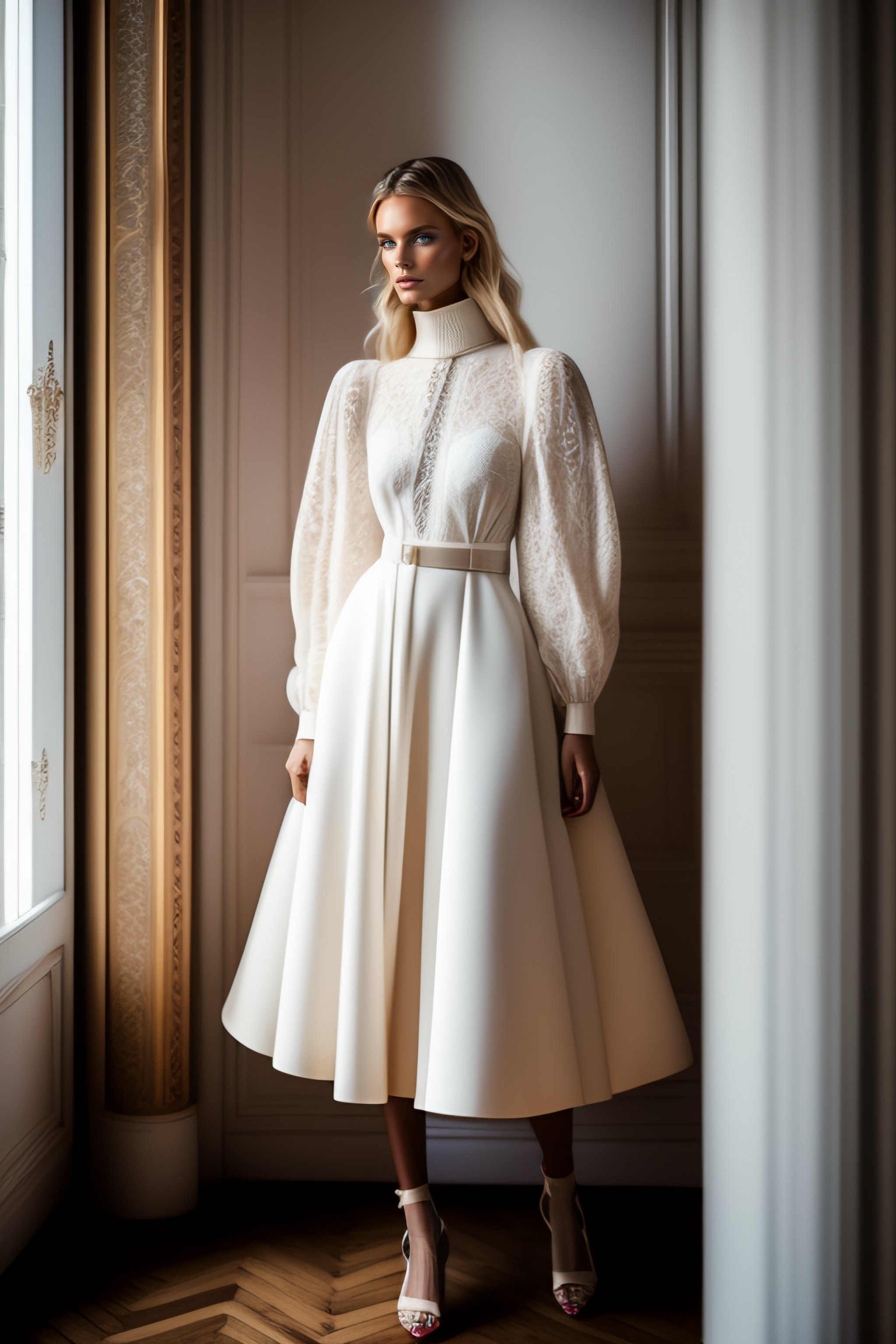 Lexica - Blond fashion model wearing a short wedding dress,ivory corded ...