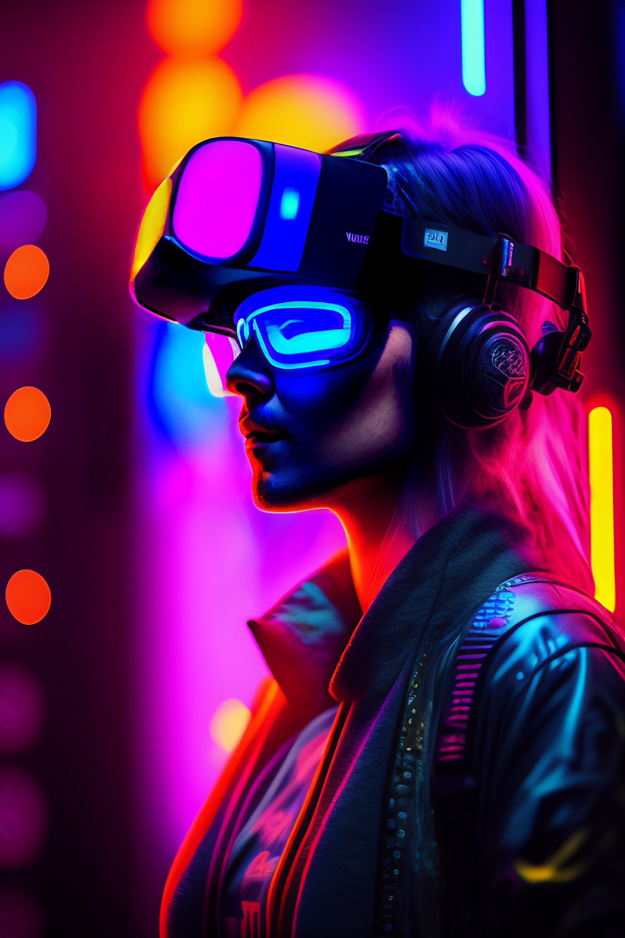 Lexica - A cyberpunk Gamer wearing VR headset floating out of gaming ...