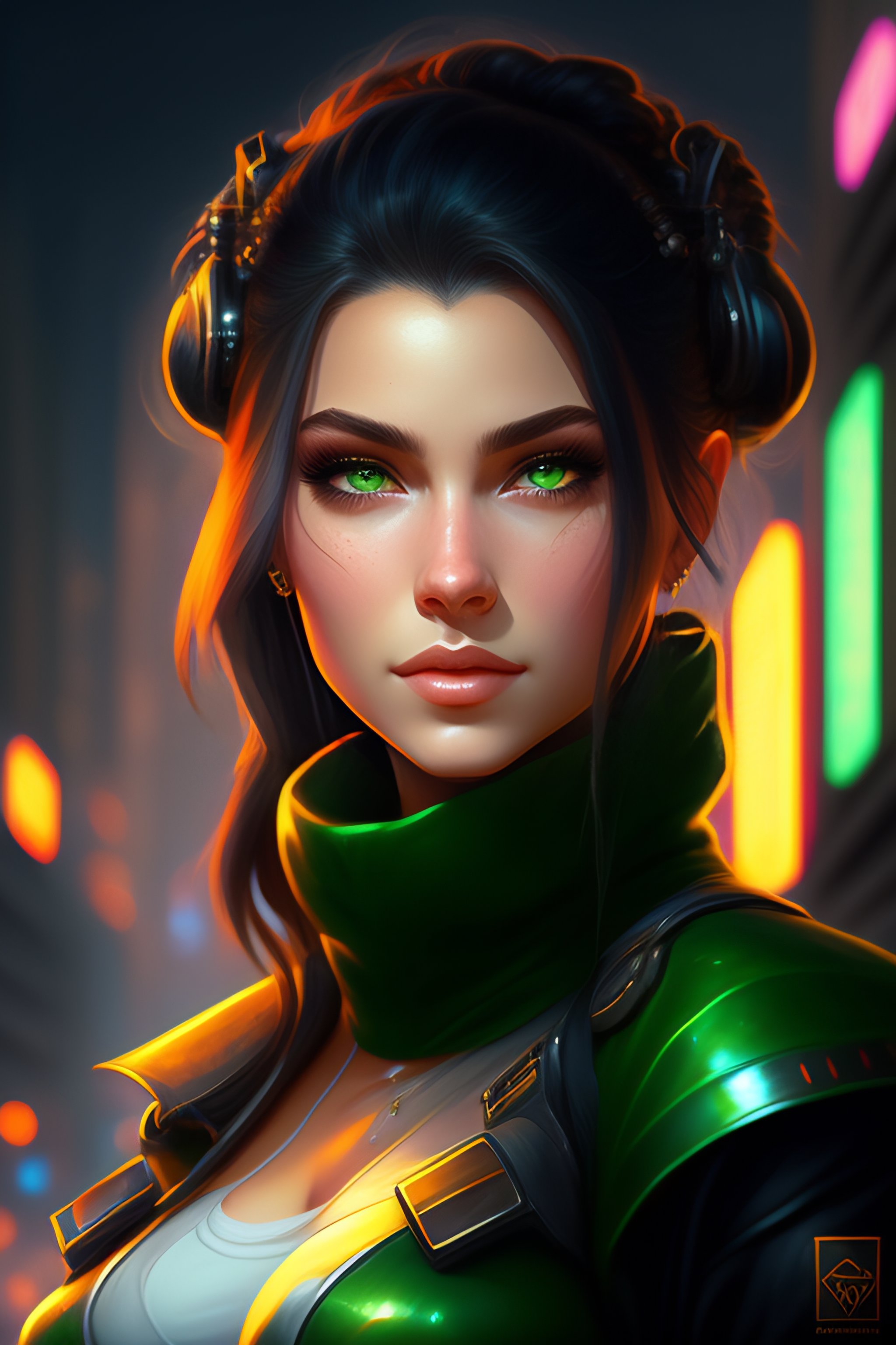 Lexica - A detailed portrait of a cute cyberpunk girl with green eyes ...