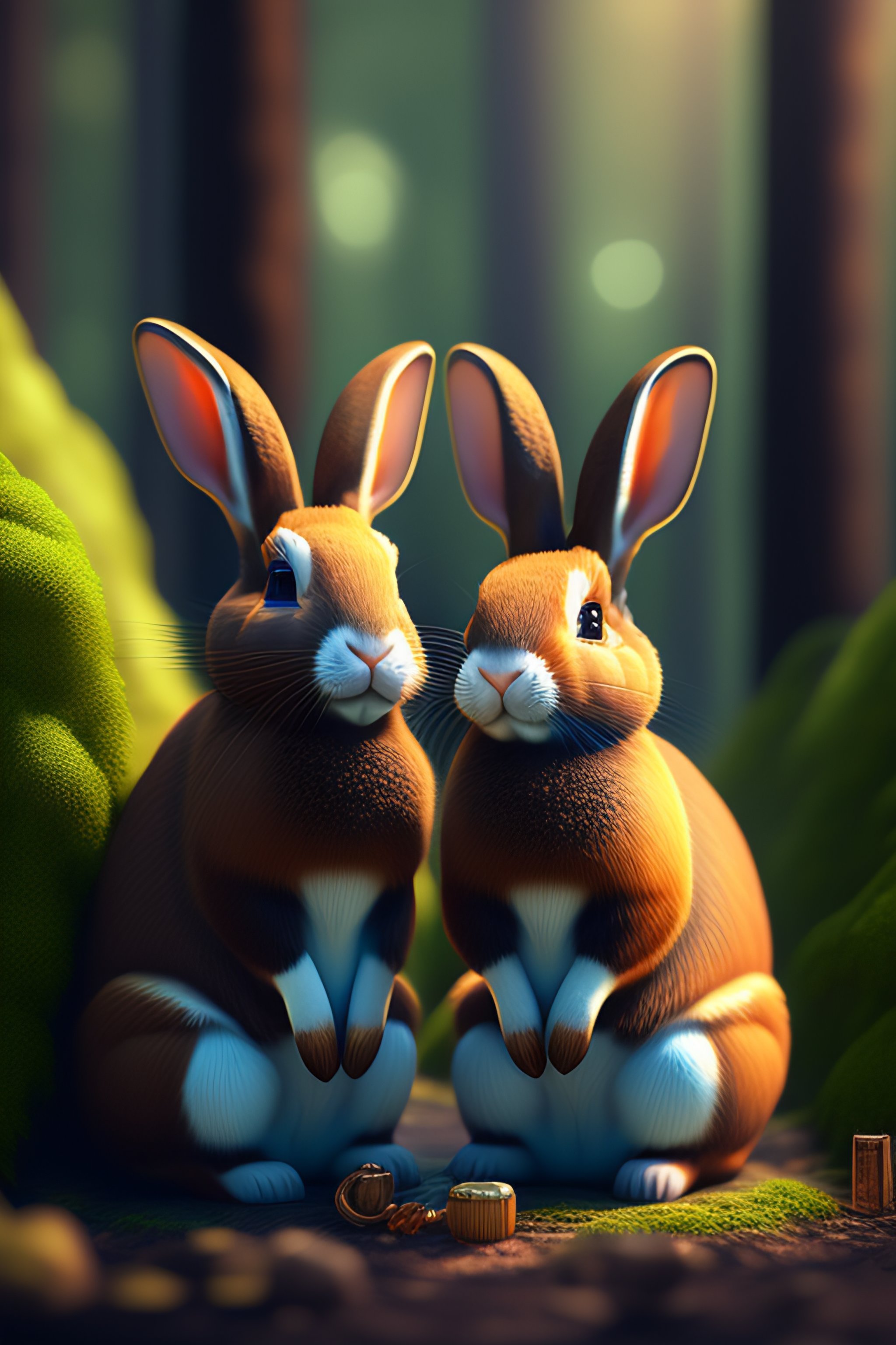 Lexica - Anthropomorphic rabbits sitting on the ground of a dark forest ...