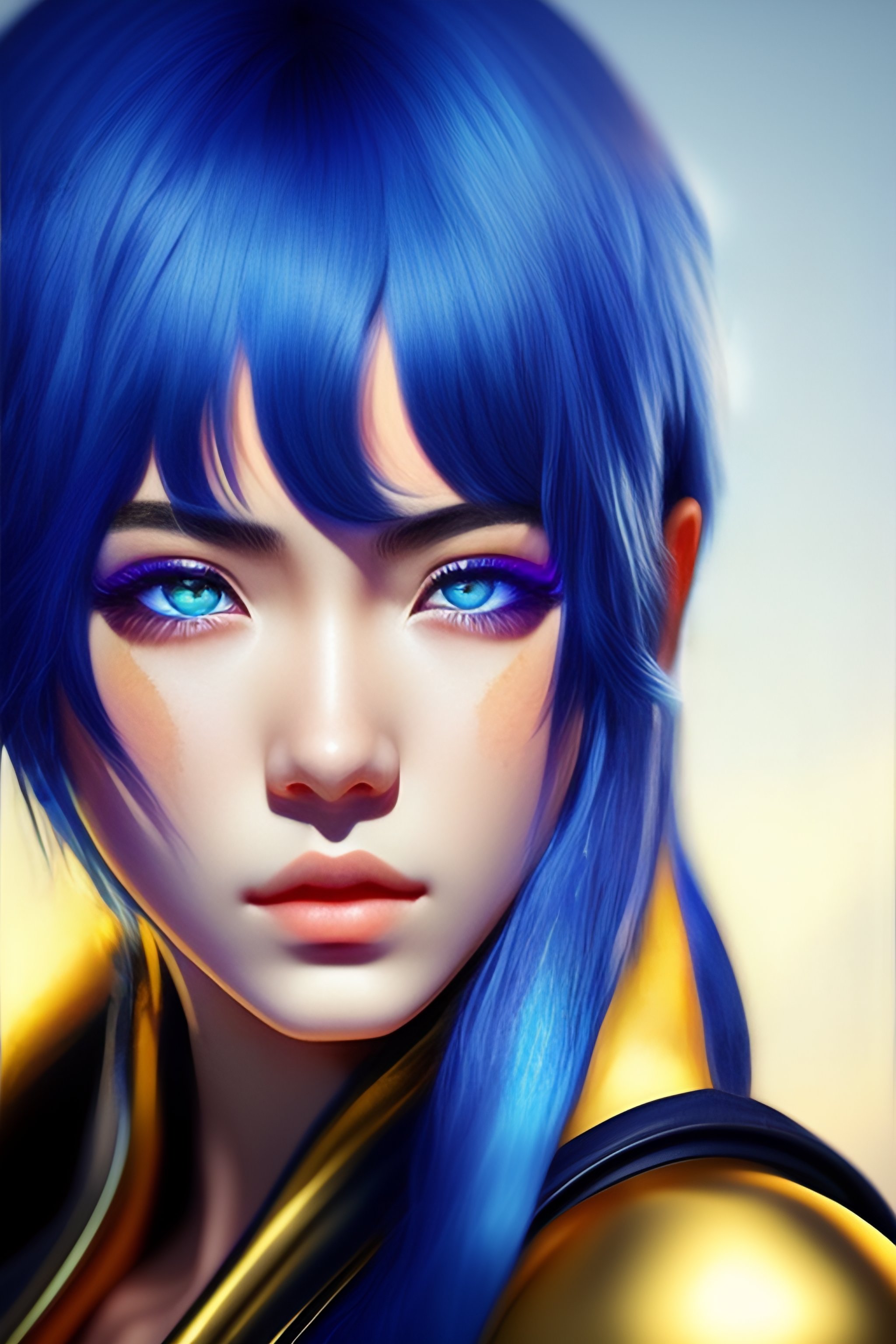 Lexica - Portrait of an anime character hyper realistic blue hair gold eyes