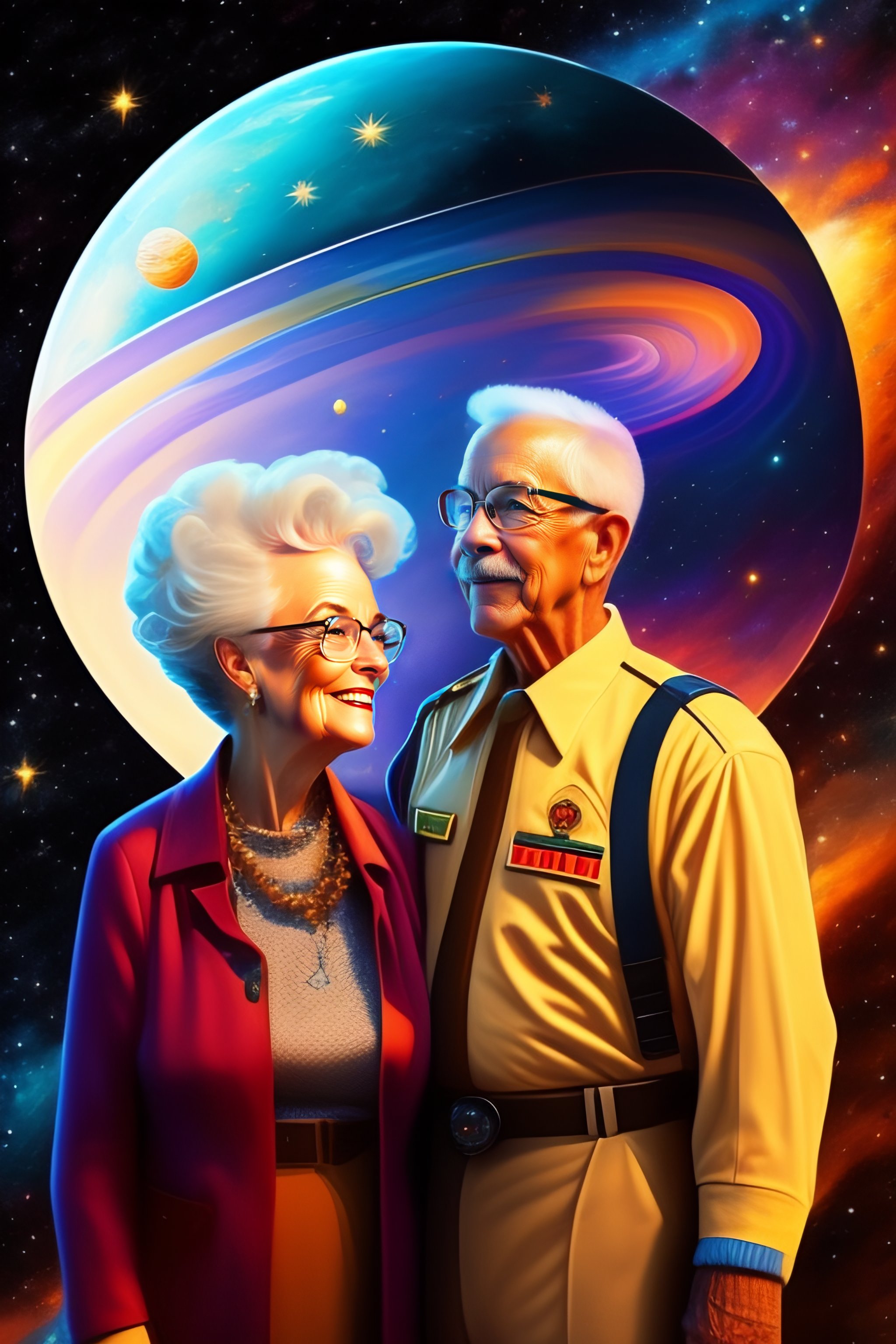 Lexica - Eldery husband and wife in Space, style of Bill Watterson