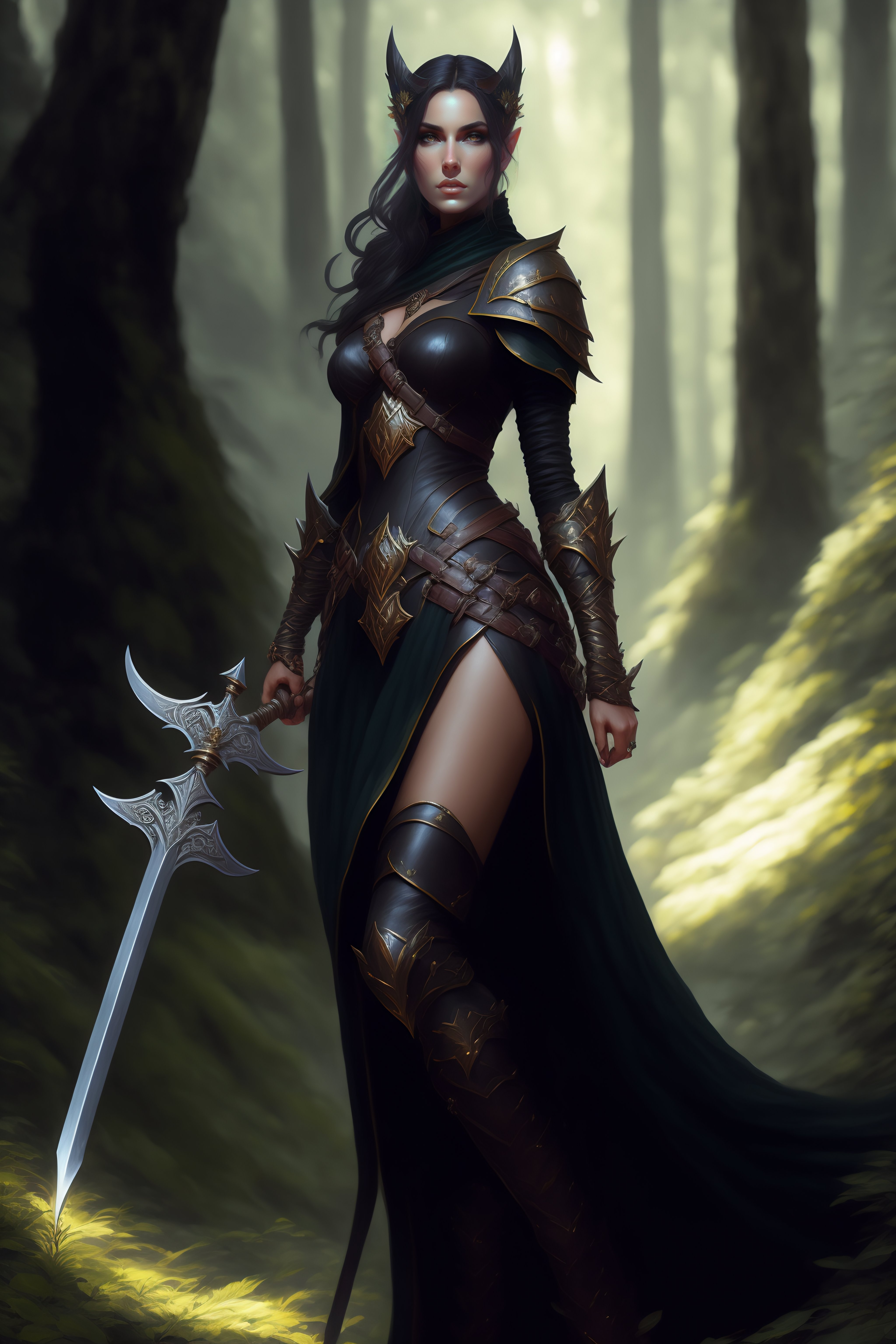 Lexica Rogue Elf Female Black Clothes Sword In Hand Full Body Forest Dandd Fantasy 