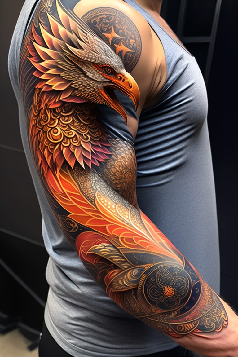 Lexica - Full arm sleeve tattoo phoenix fighting a dragon, intricate ...
