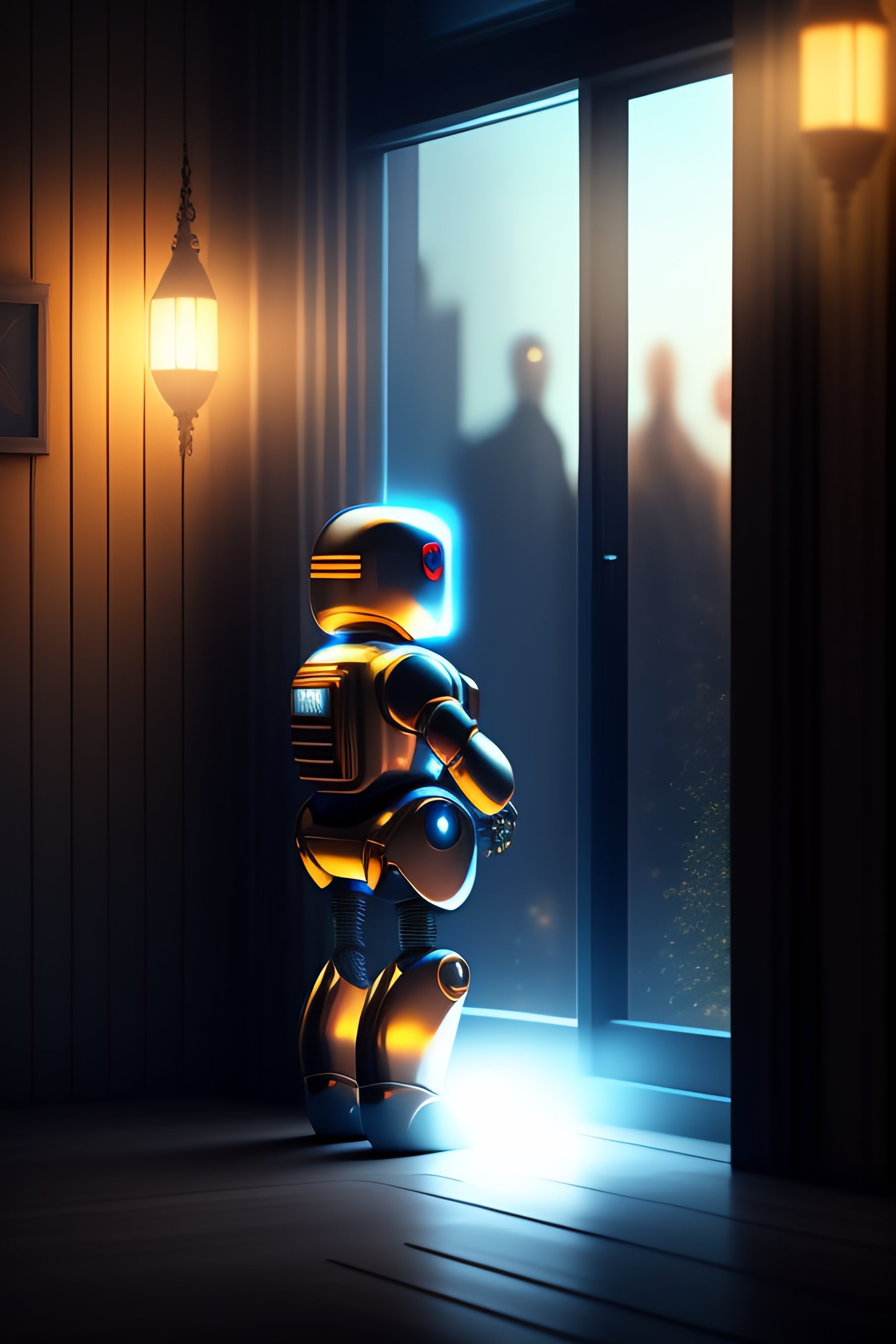 Lexica A muslim praying robot in a DARK room , from window a bit