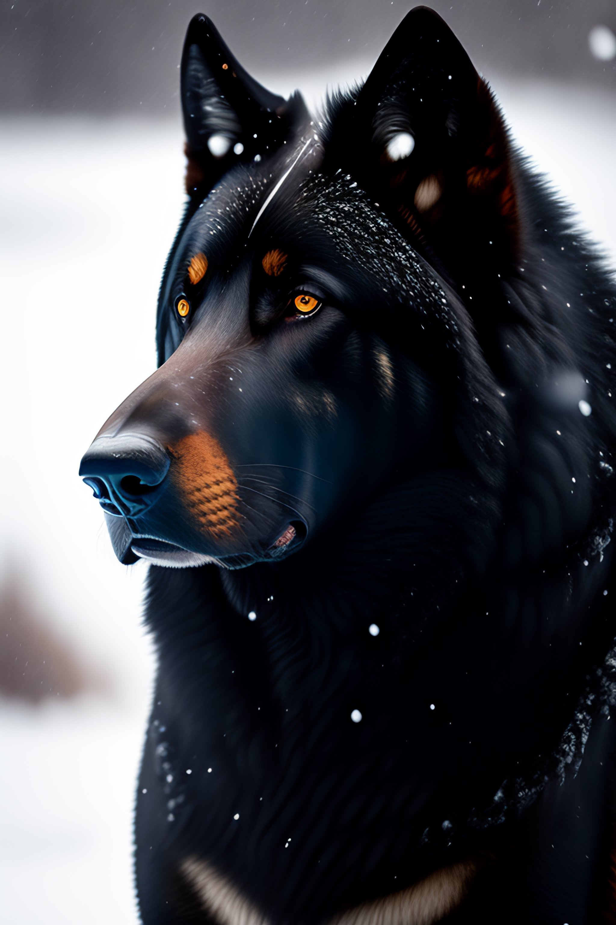 Lexica - Black dire wolf in the snow with saddle and armor, massive