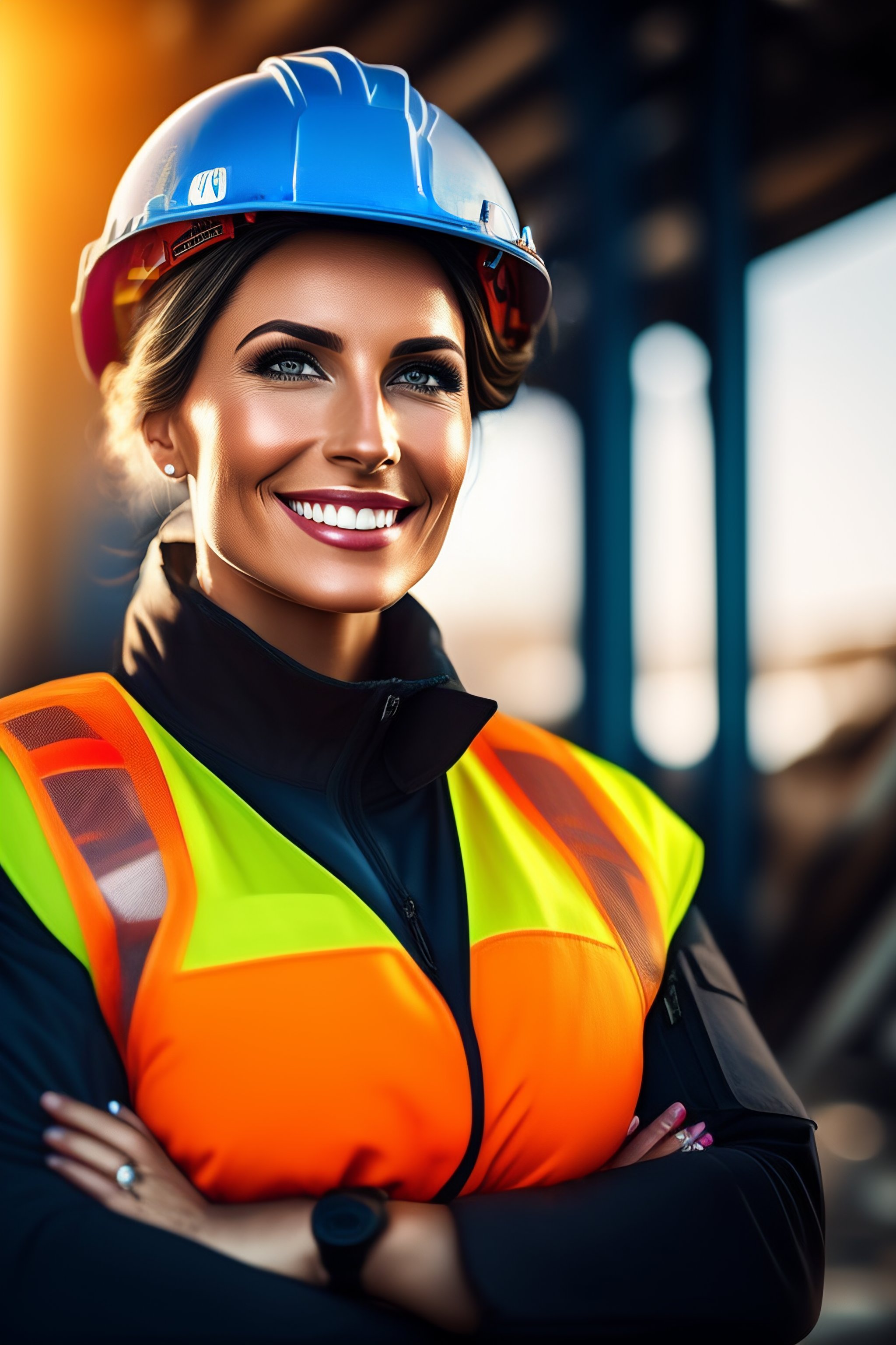 Lexica A smiling female arms crossed in a construction worker costume