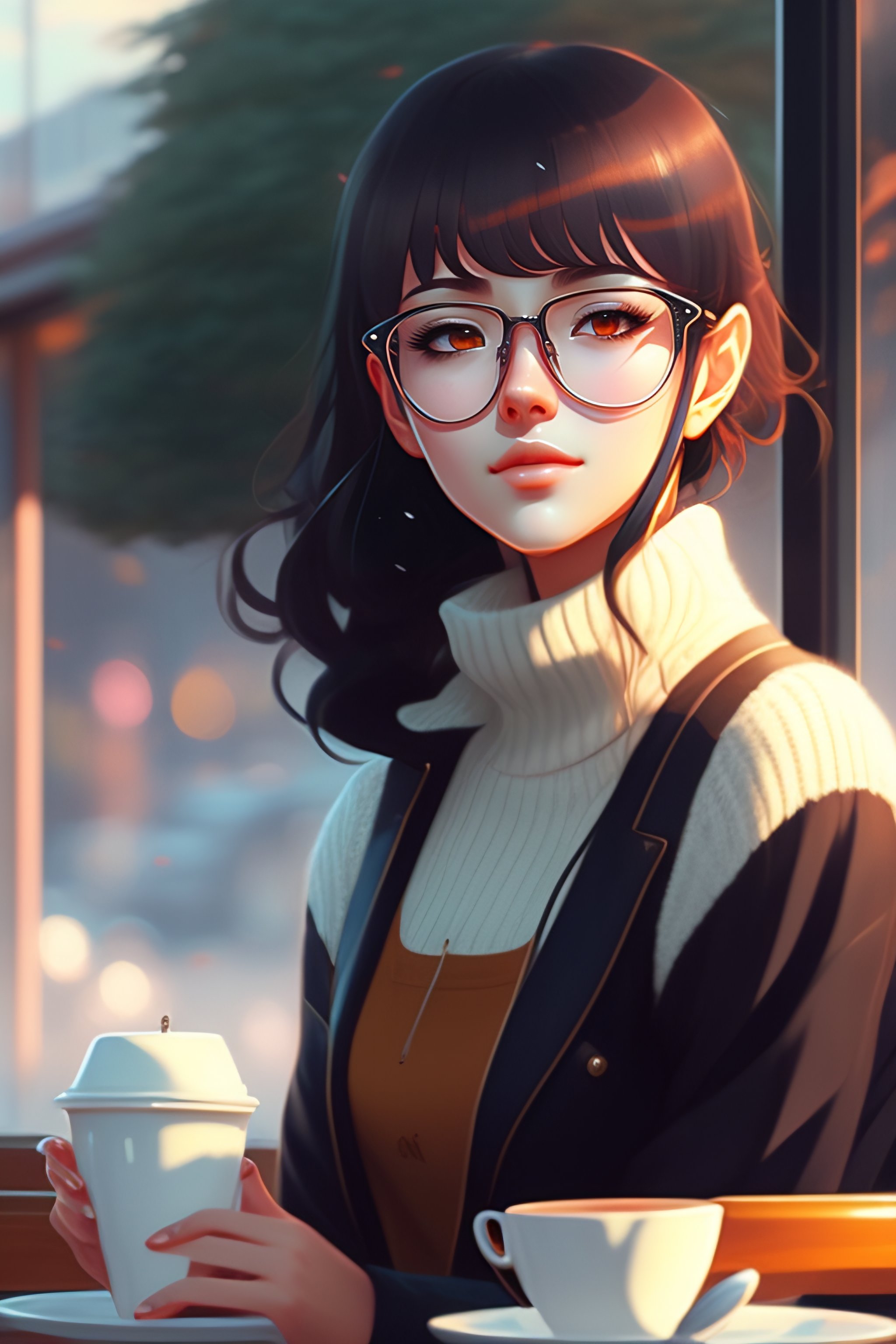 Lexica - Cute girl in sweater black hair black wayfarer glasses sitting ...