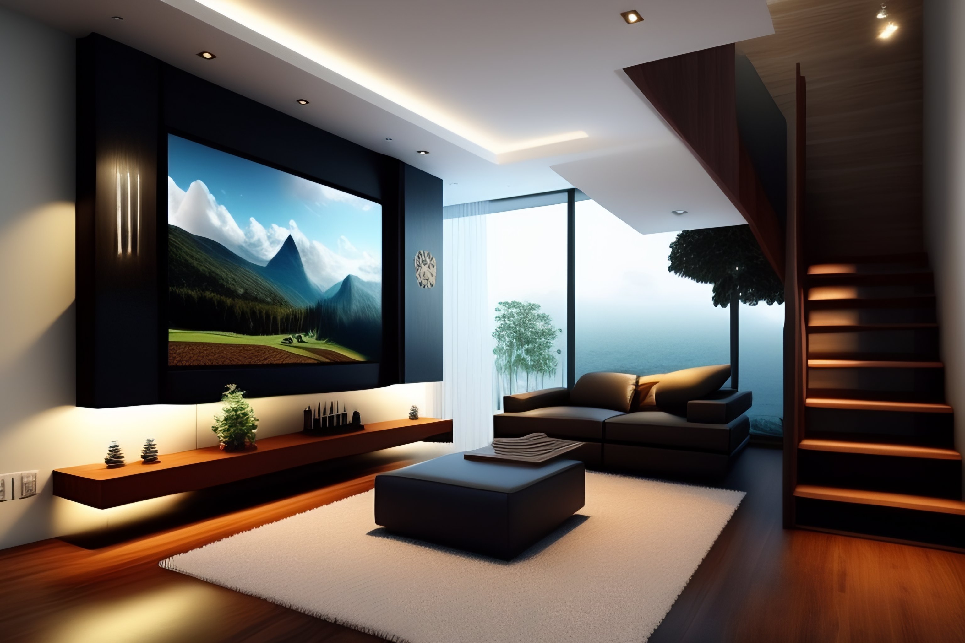 Lexica Design me a shelf wall with integrated TV infront of staircase