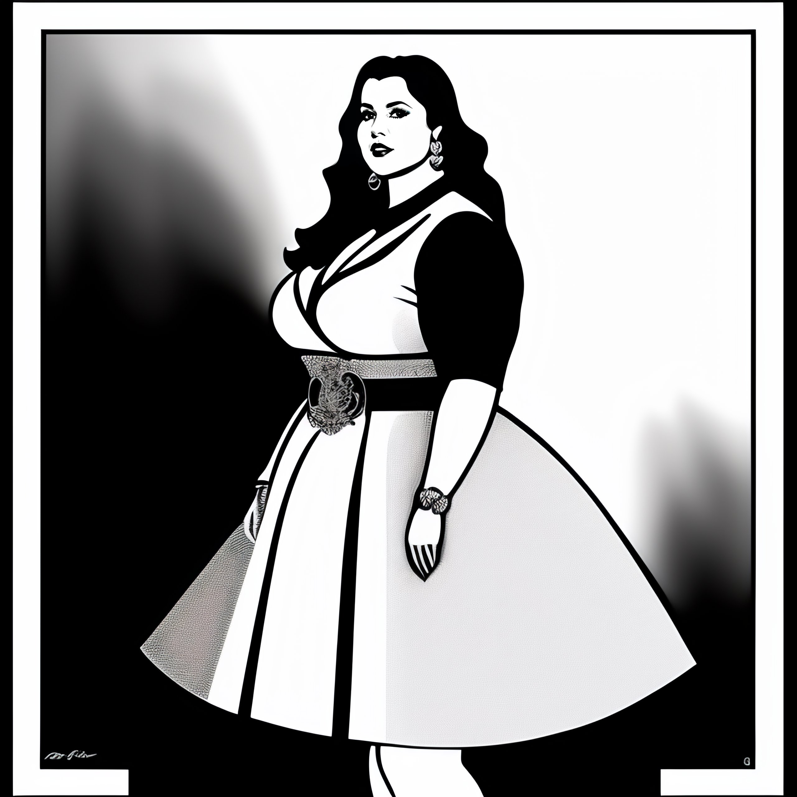 Lexica - Plus-size older female wearing black and white dress, logo