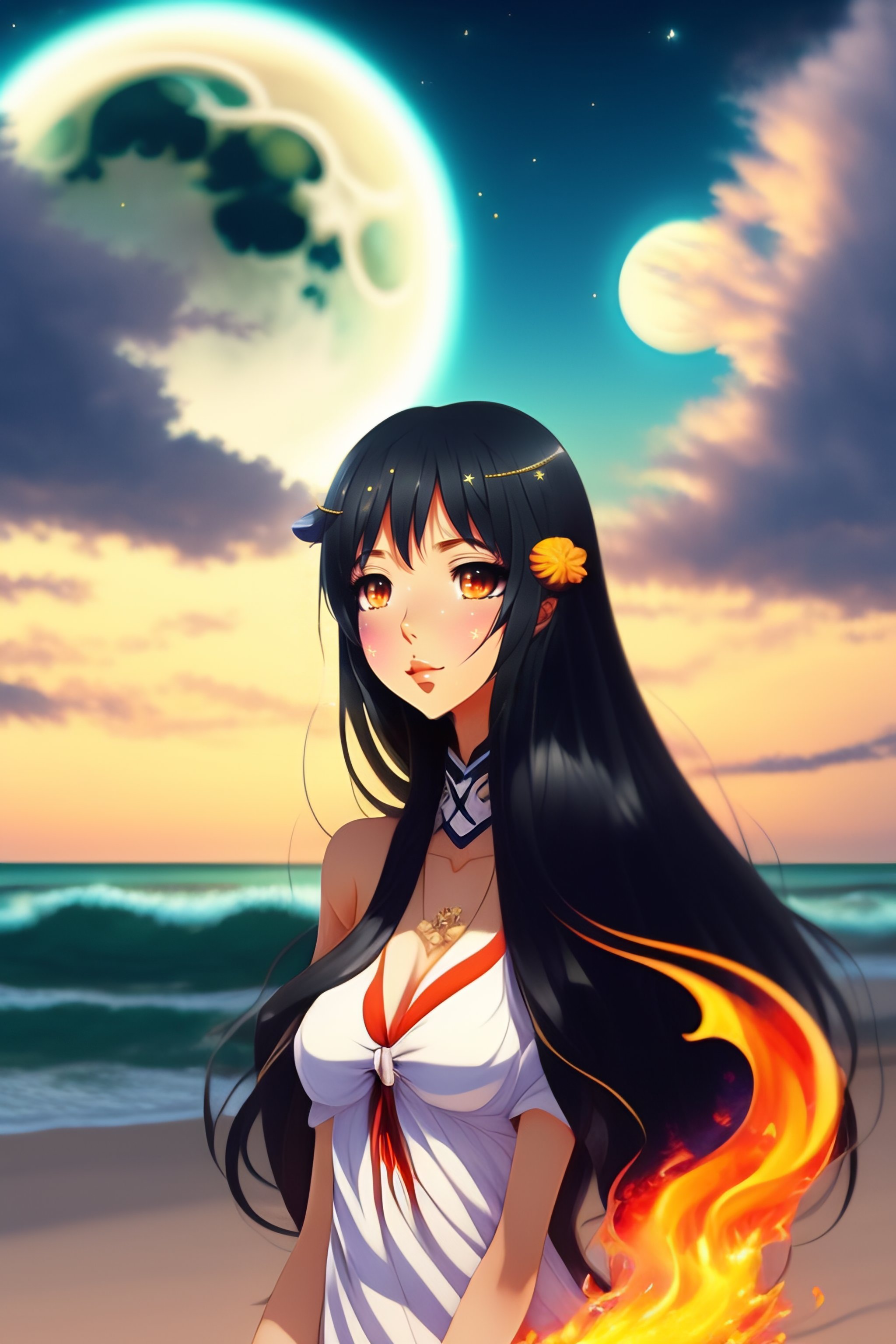 Lexica - Beautiful anime girl with long black hair. white sand beach, moon  in the sky. bonfire.