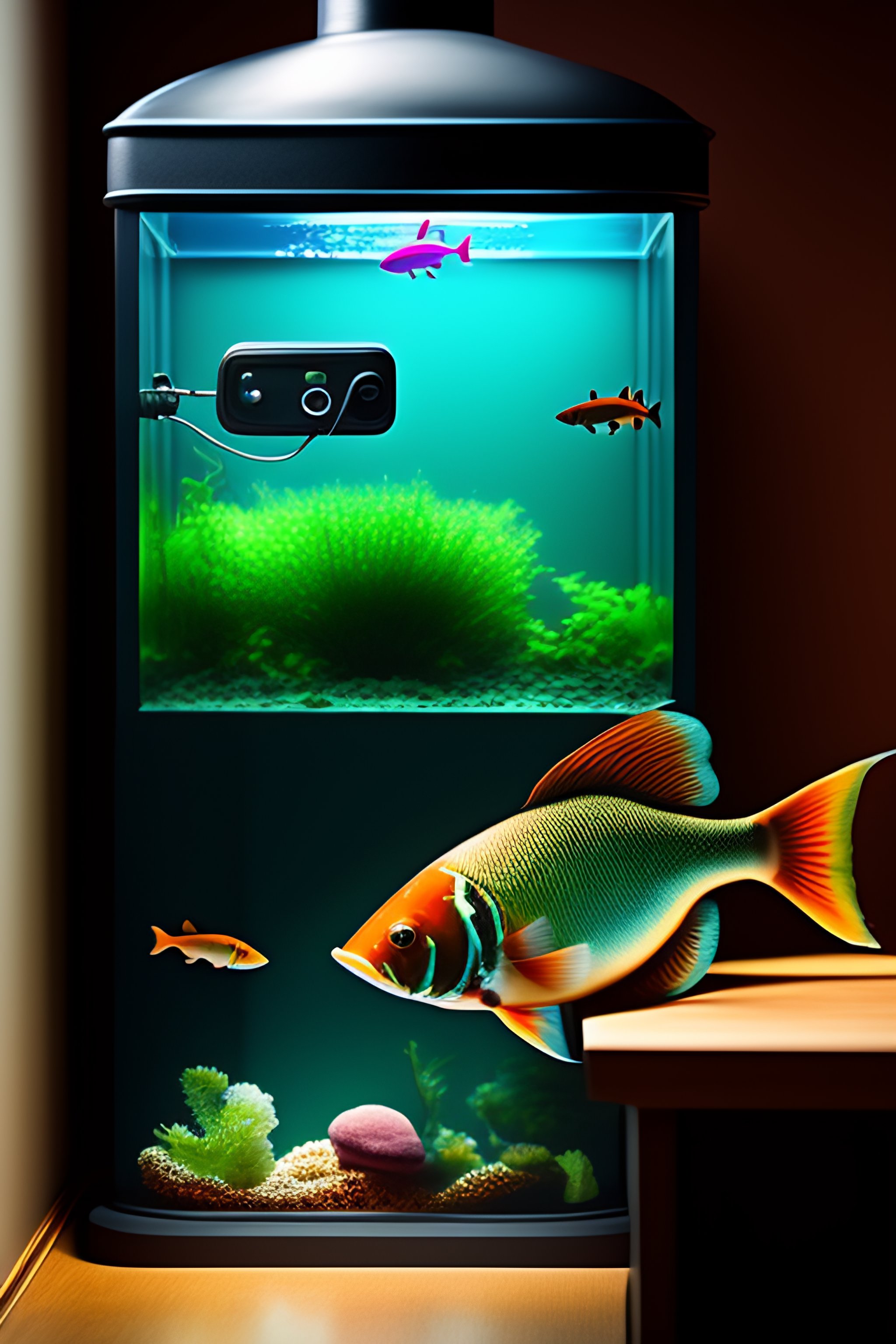 Lexica - Fish talkilng whith a telephone on a fishtank