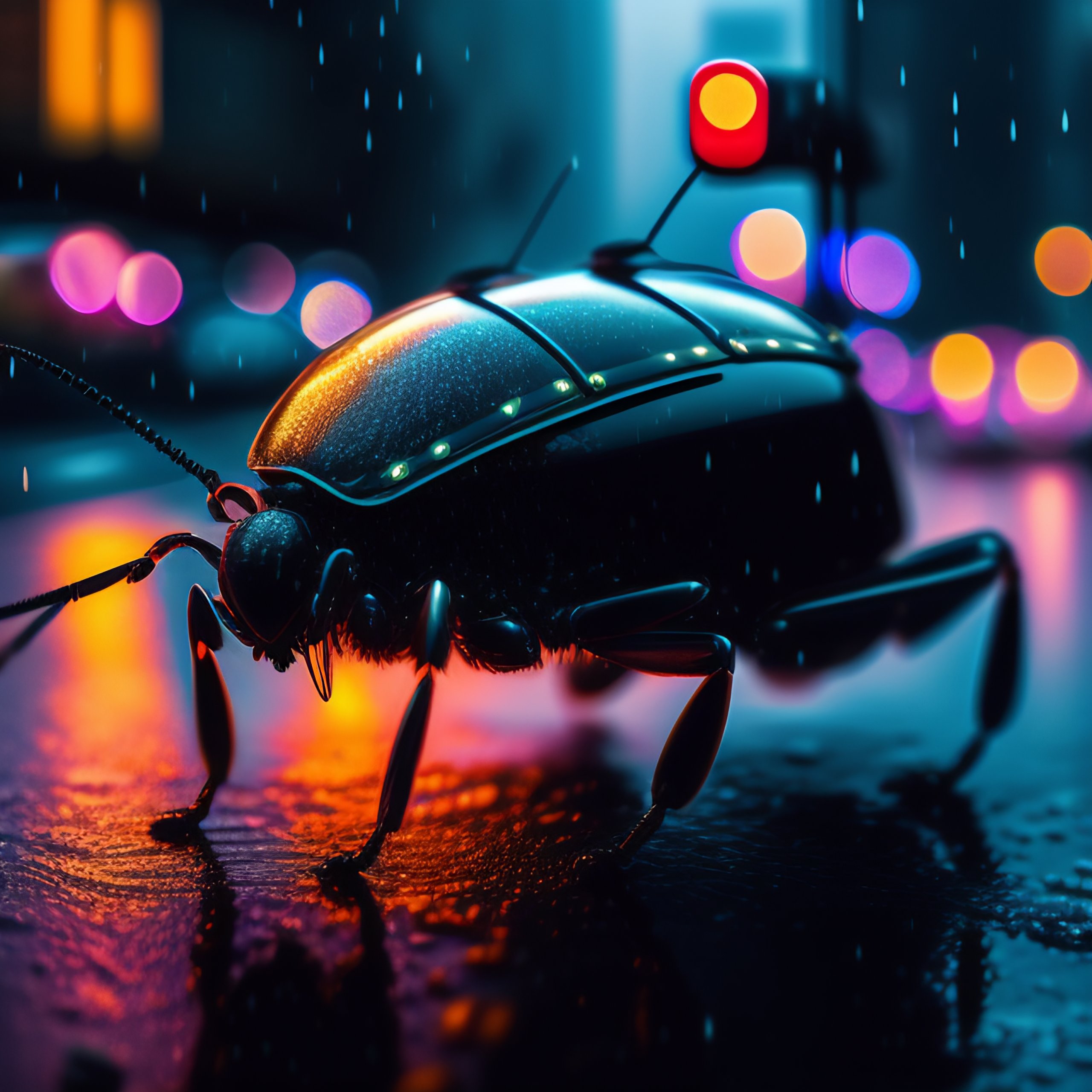 Lexica - Illustration of a metal cyborg bug walking on a wet rainy ...