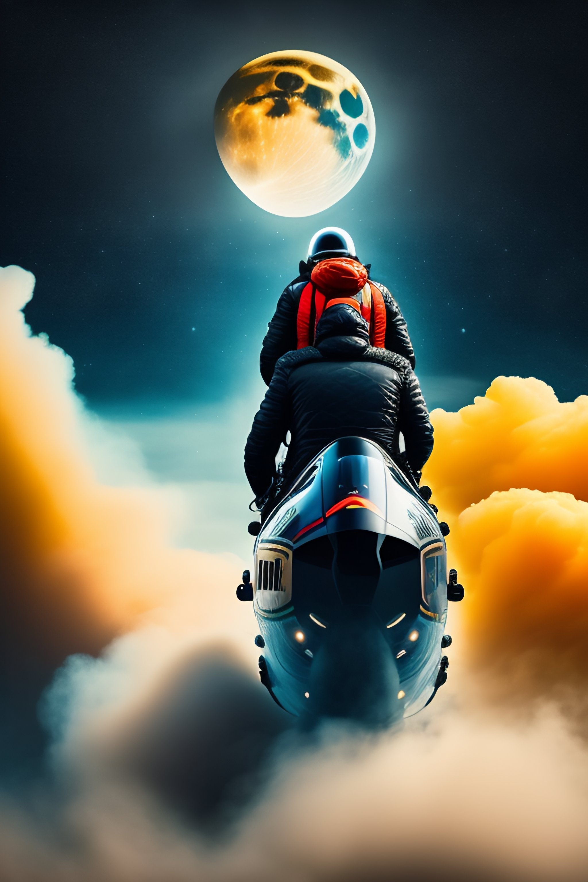 Lexica - A man riding his rocket with his loved one heading to the moon