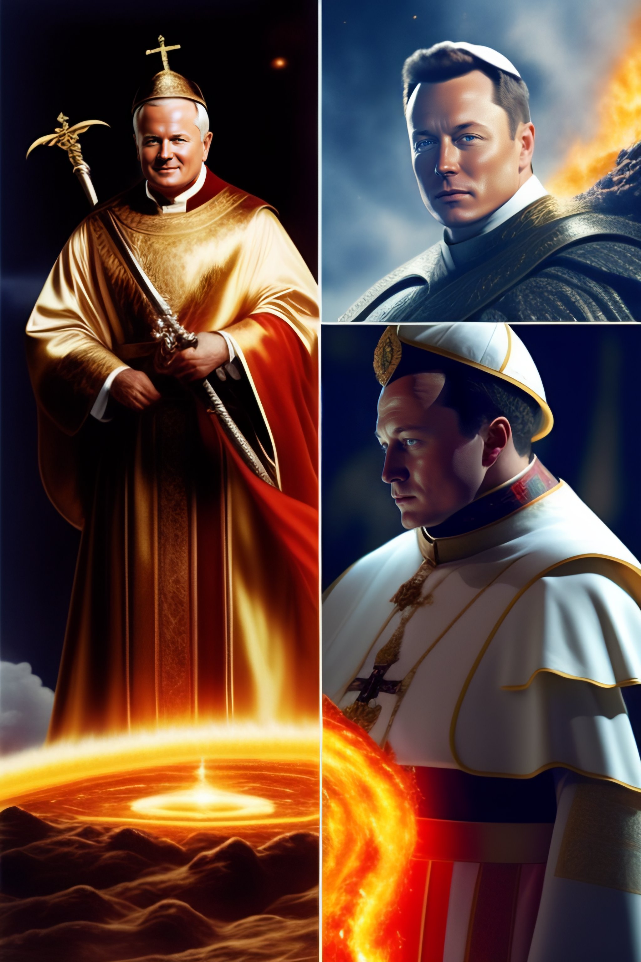 Lexica - Pope John Paul II with a big sword fighting Elon Musk on lava