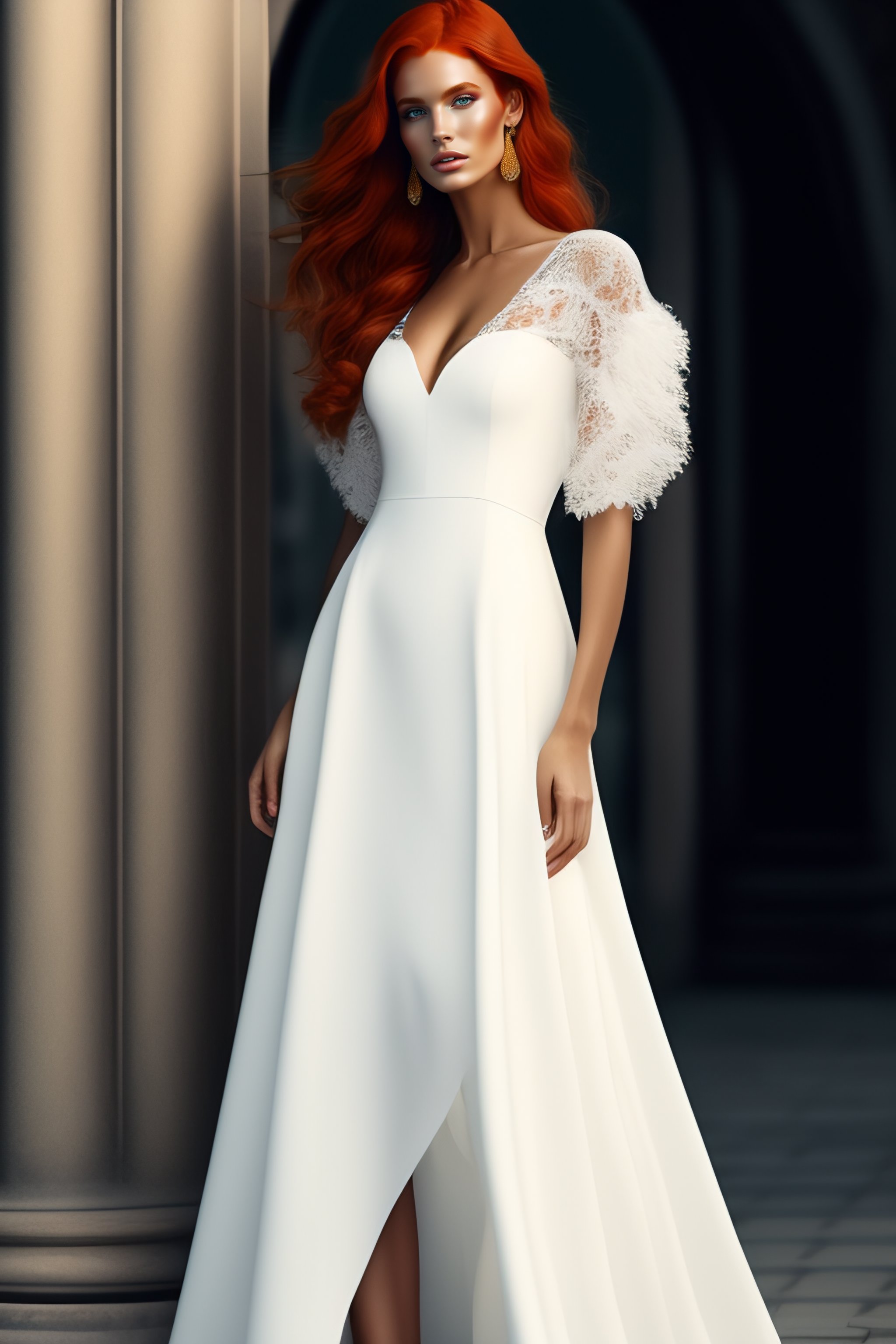 Lexica - Redhead model in a white dress, vogue