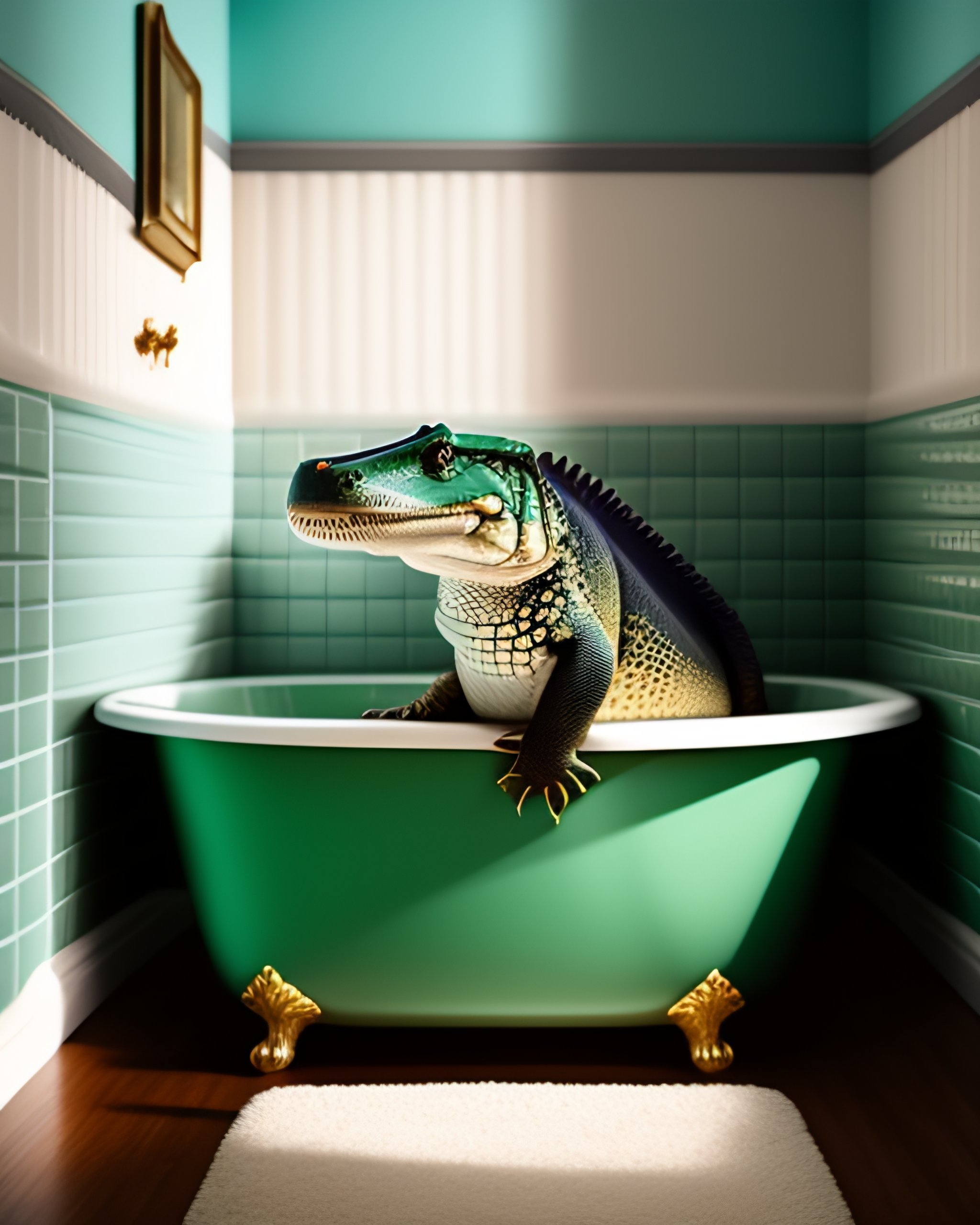 Lexica A large man with a pet alligator in a bathtub