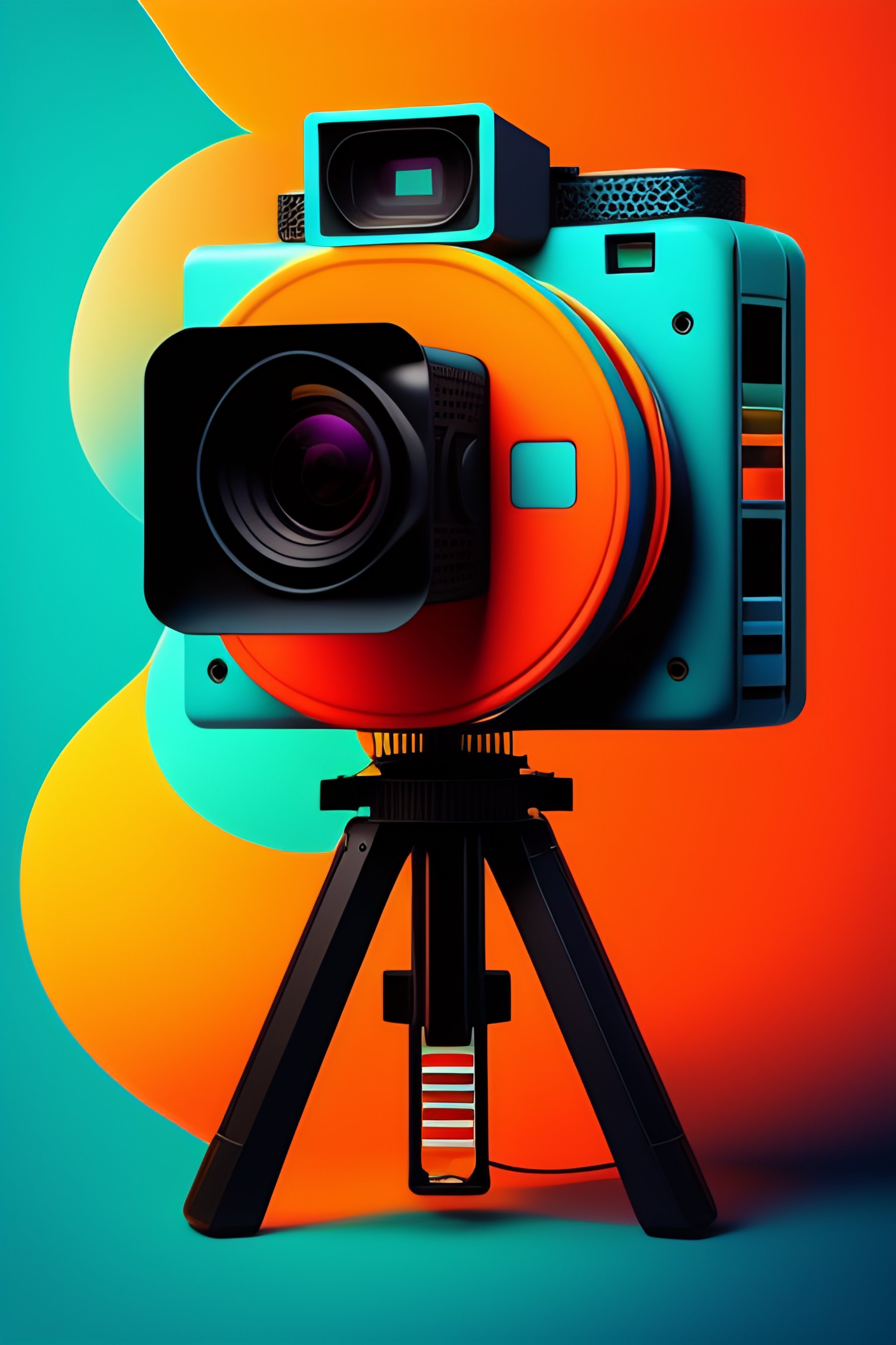 Lexica - Vector flat Flyer, Flyer flat vector 2D image of a Alexa cinema  camera surrounded by cinema lights, colors Orange, Turquoise, teal and Black