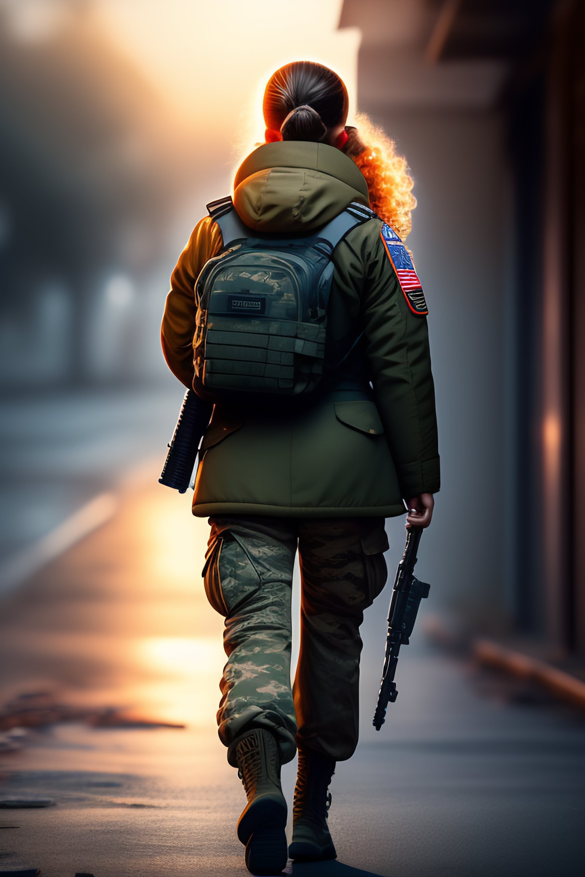 Lexica - A military girl with a machine gun walking with a baby by an ...