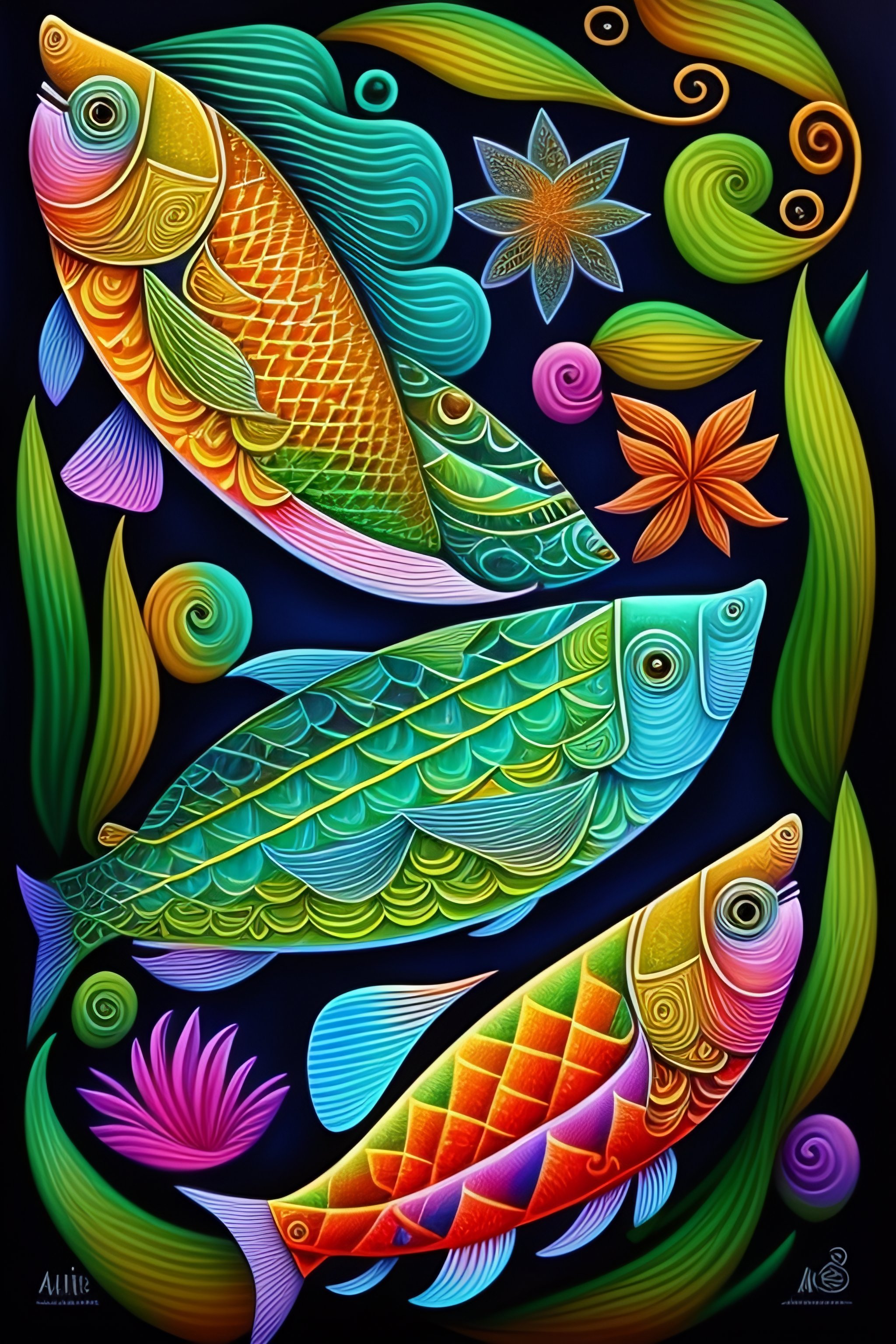 Lexica - Sacred geometry, fishes, birds, chalk style, m.c. esher art style