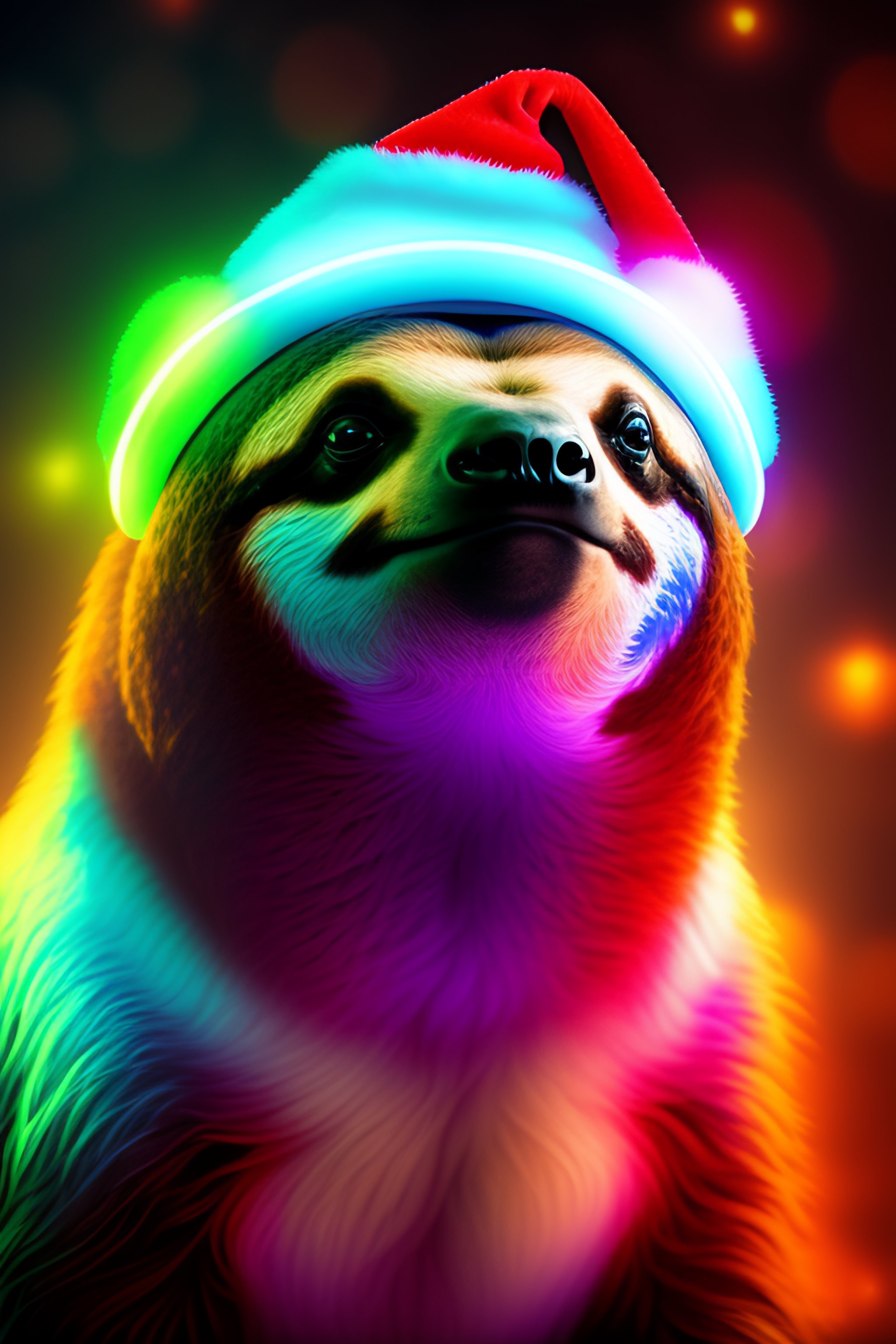 Lexica - Sloth in christmas hat, neon sci-fi background