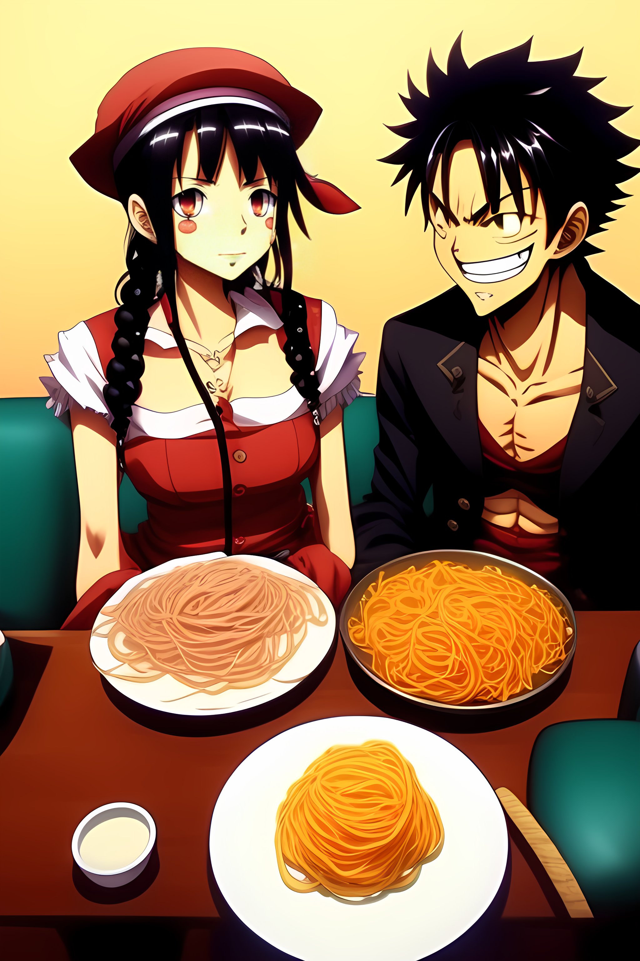 Lexica - Luffy and hinata shoyo eat pasta in manga style