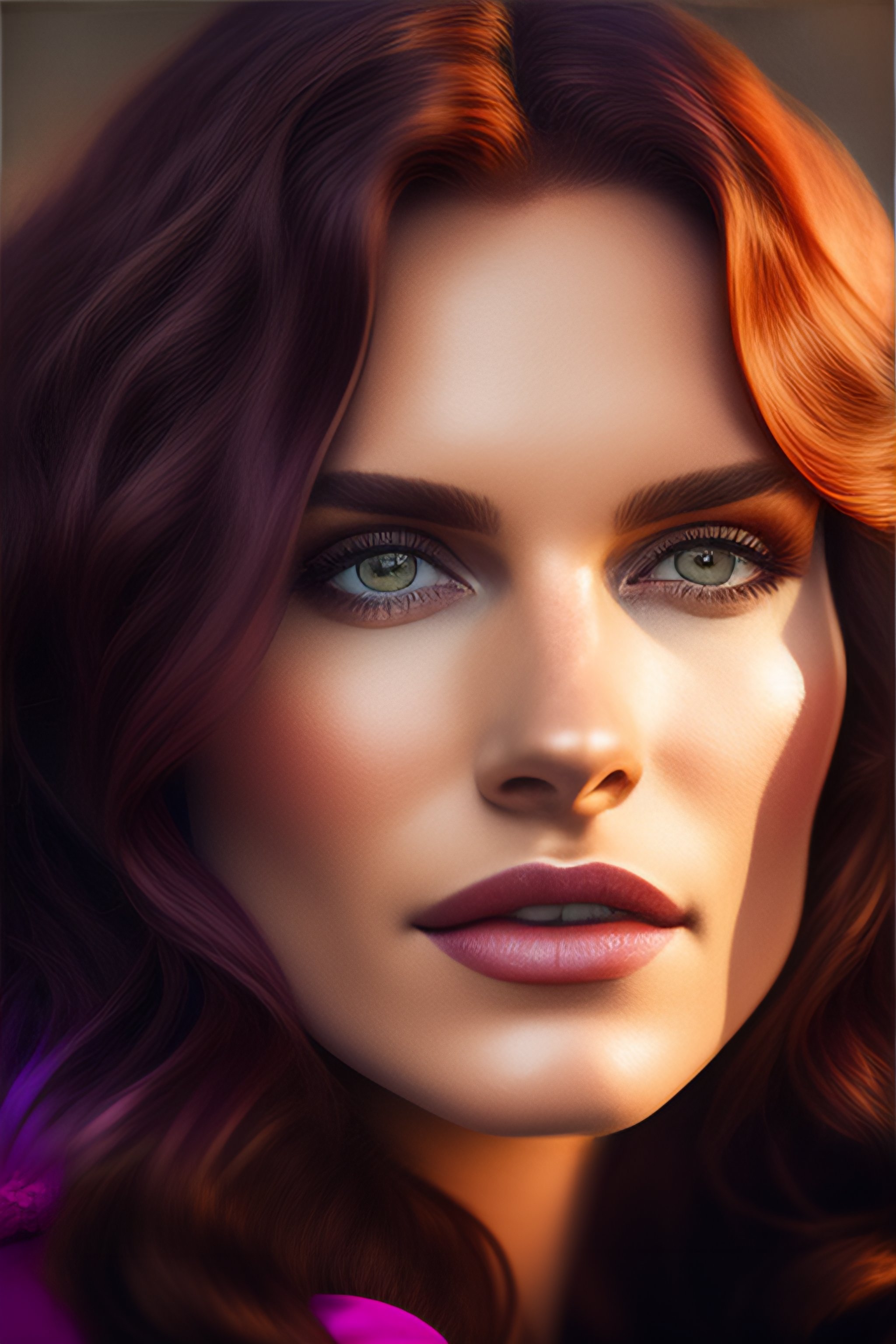 Lexica - A portrait of a beautiful red caucasian woman with purple eyes ...