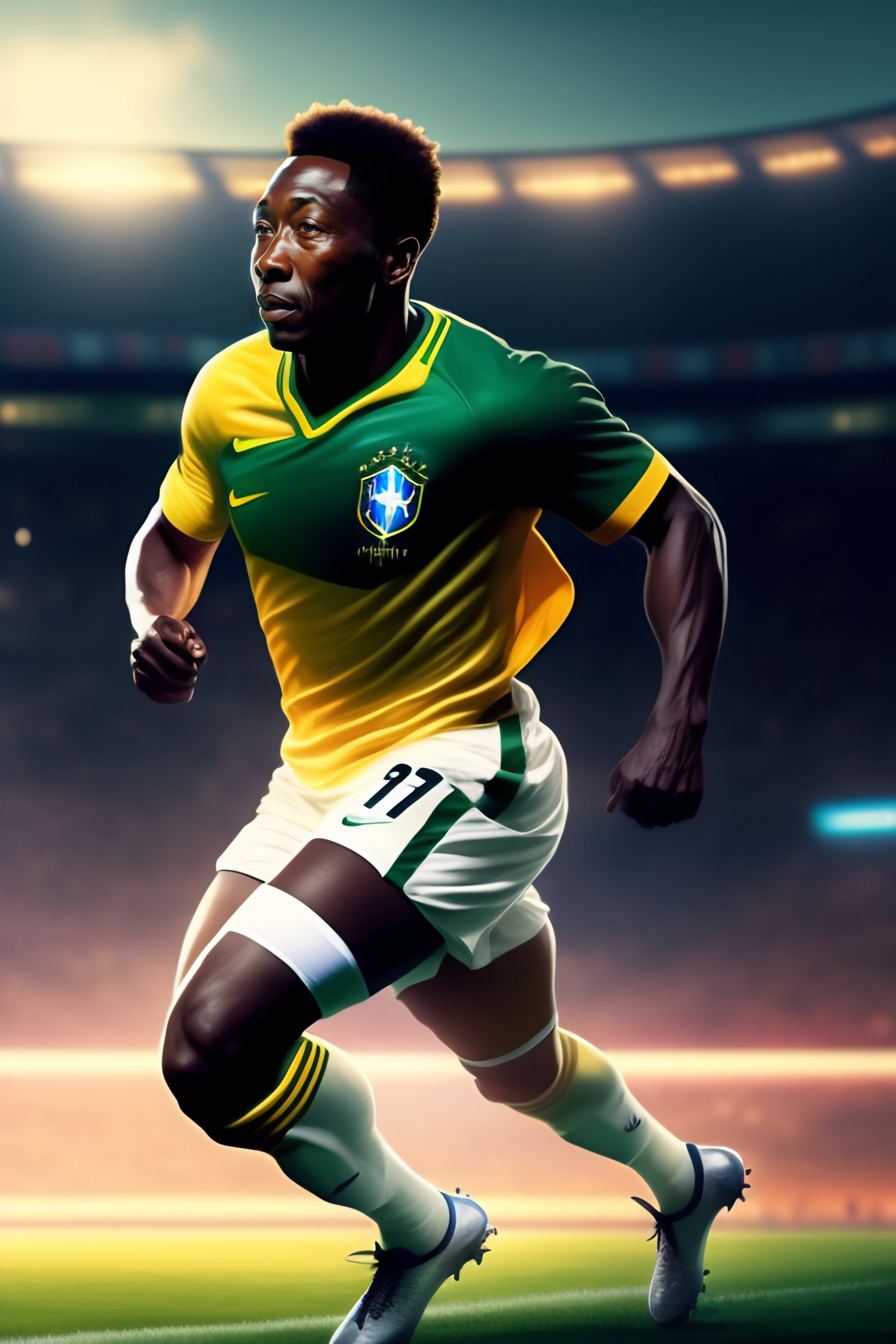 Lexica - Back of Footballer Pele wearing yellow brazil team jersey playing  on a football with one foot, backdrop of dawn, saturn in the background,  i