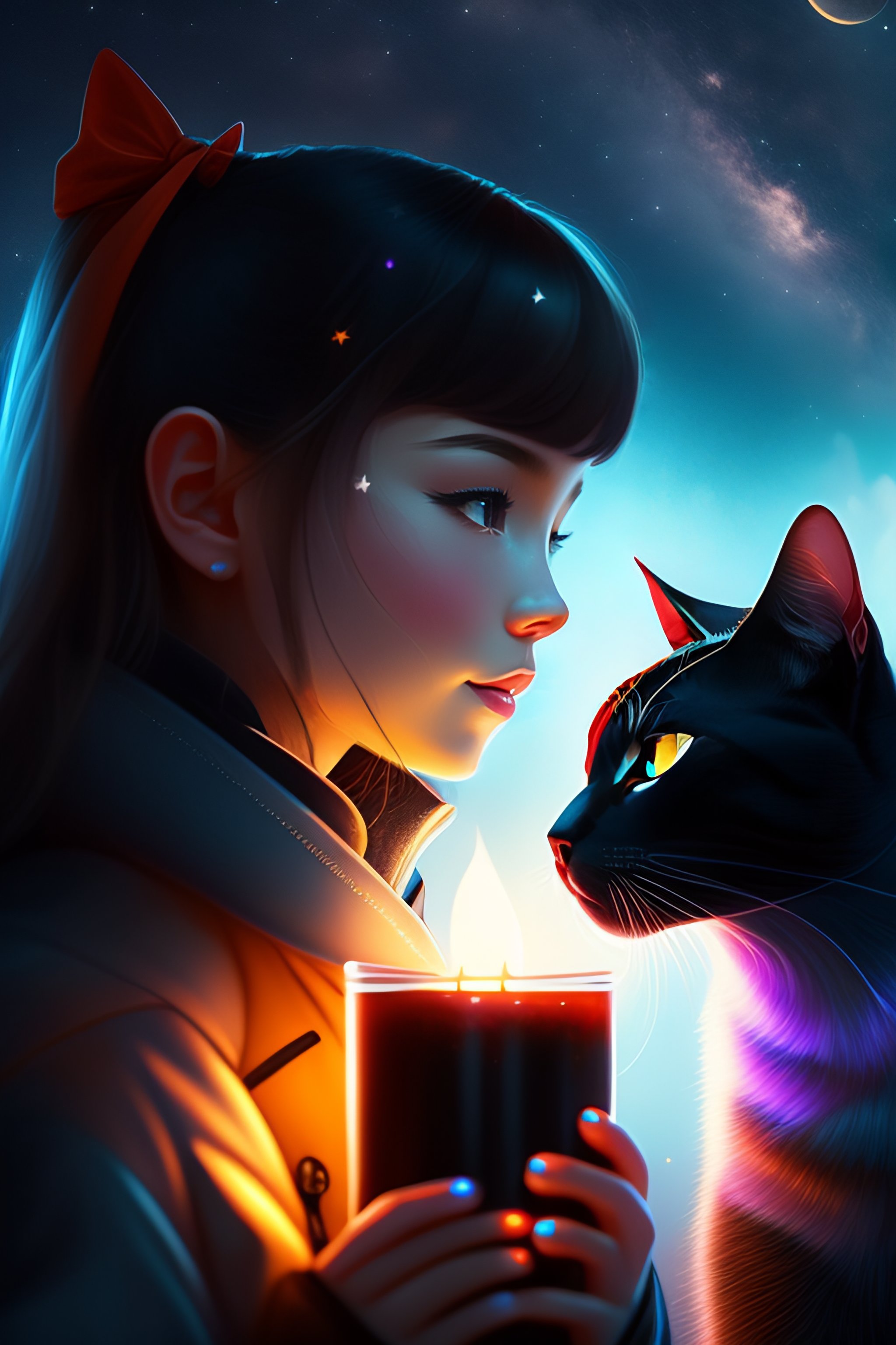 Lexica - A girl and a black cat looking at the stars, campfire, night ...