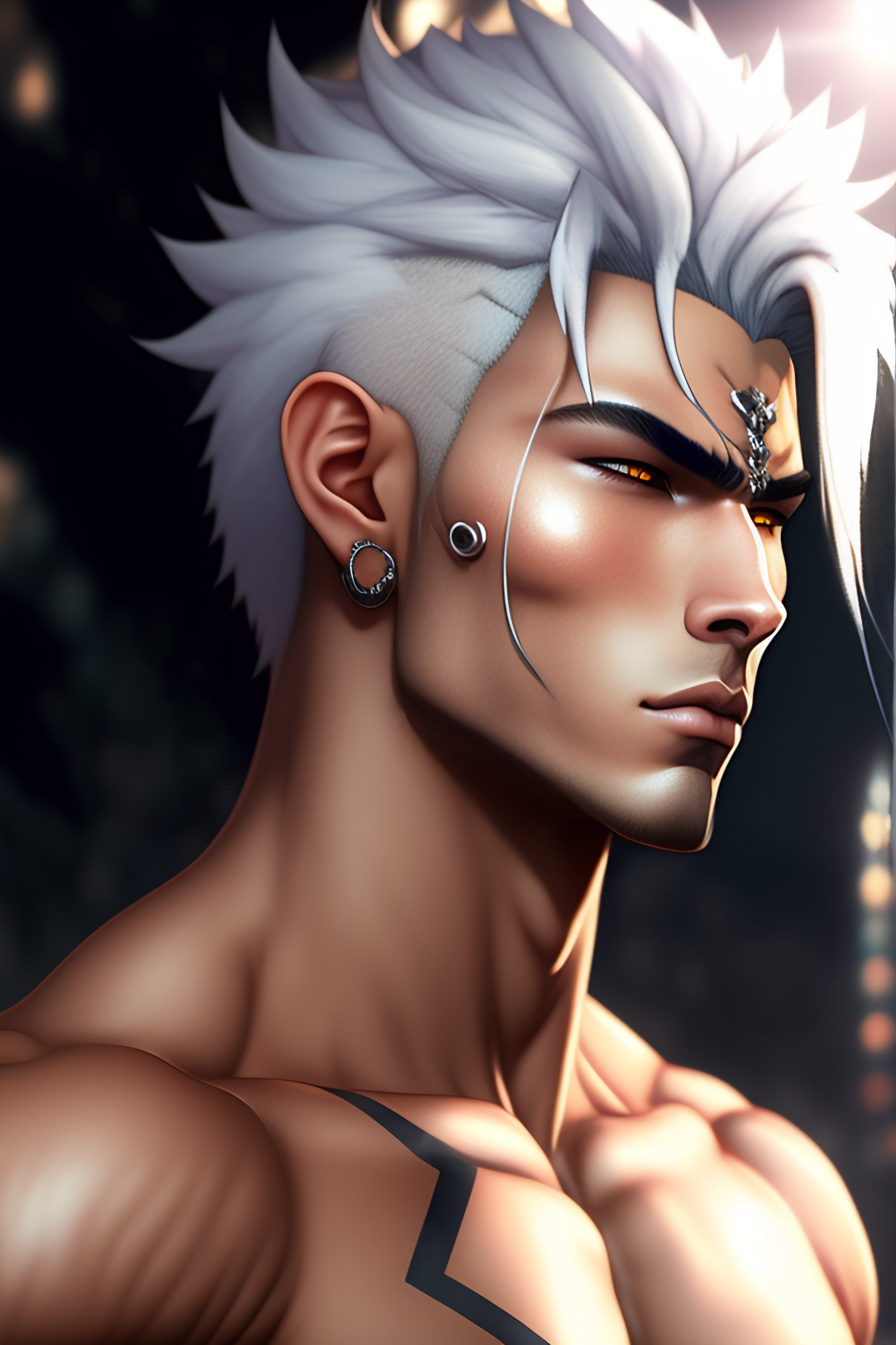 Lexica - Muscle , perfect , proportioned ,, Anime Young Guy, with black  hair, white skin, 8k, anime style, bold, lots of different piercings, a  litt