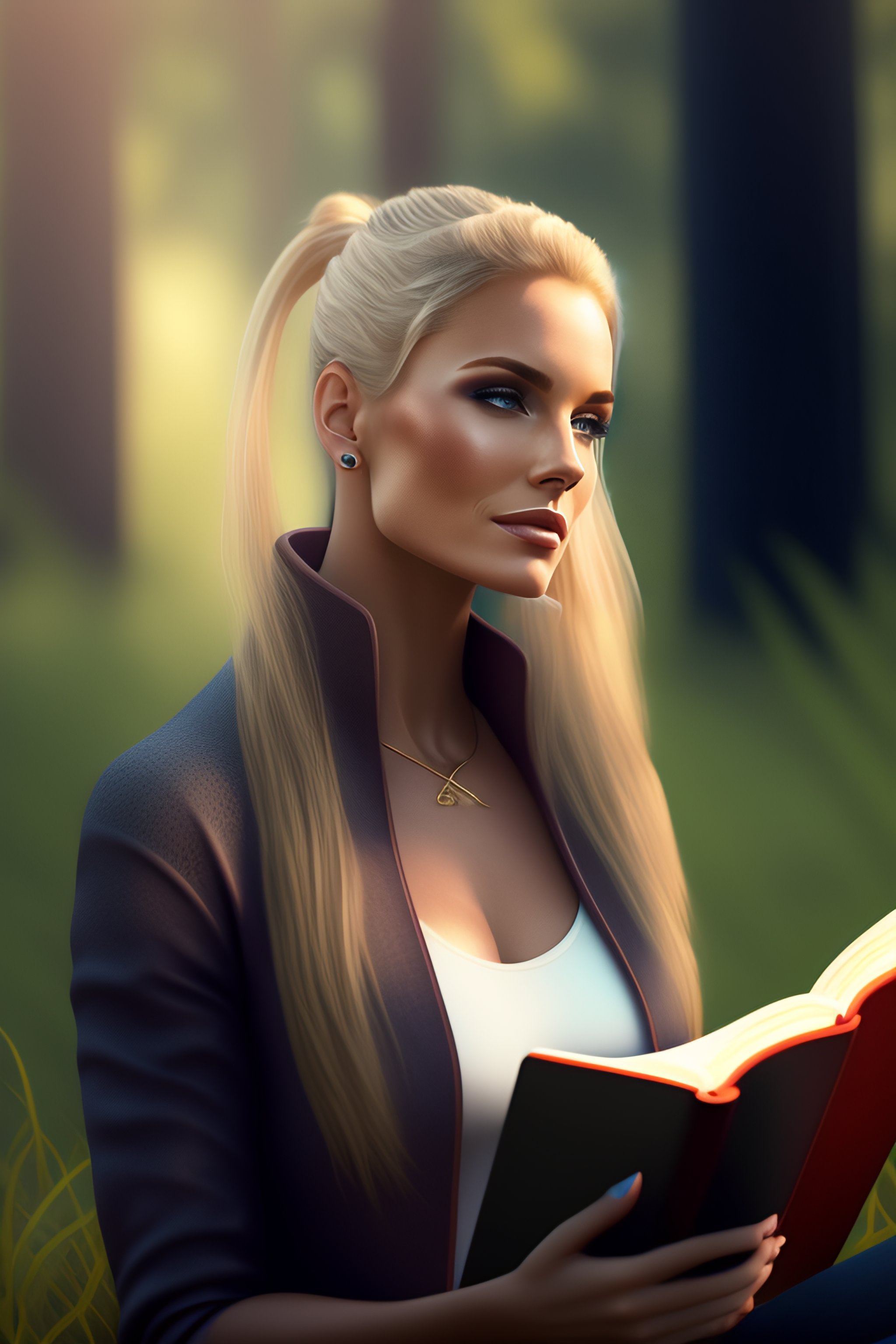 Lexica - A woman, blonde hair tied in a ponytail, sits and reads a book ...