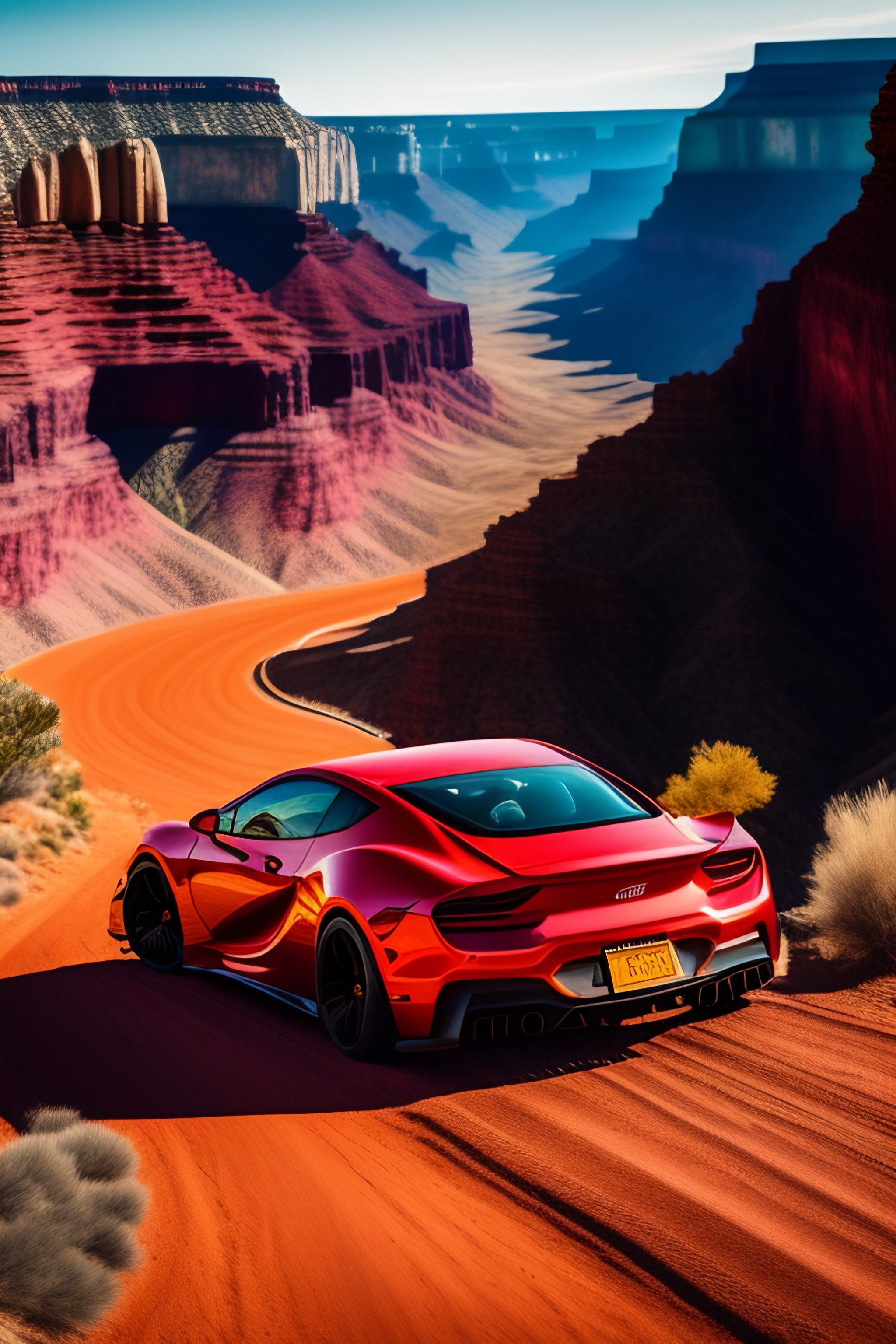 Lexica - A red car racing in a road behind the grand canyon.