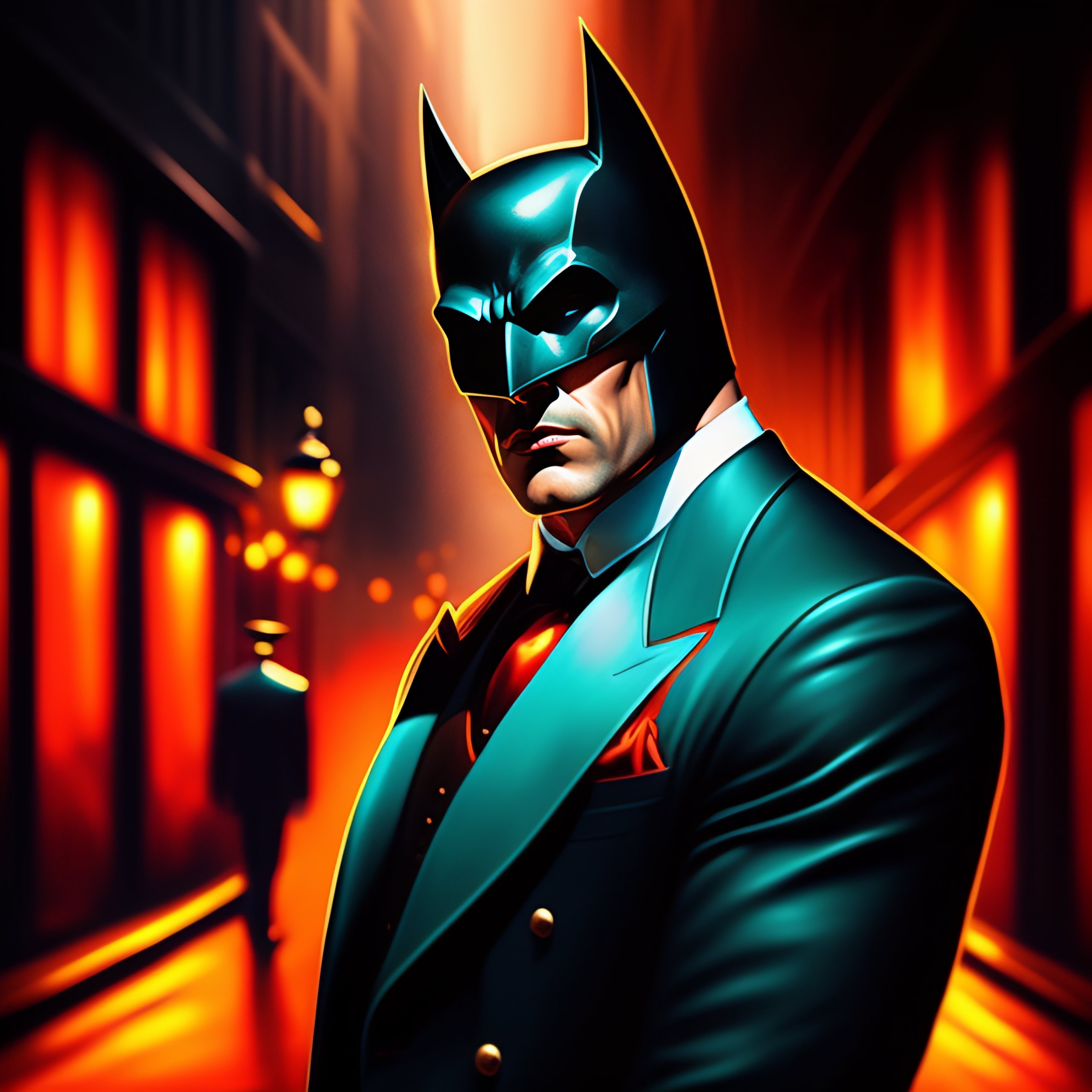 Lexica - Batman inside a vintage alley in 1920s london,black batman suit,mafia  boss,haze,surrounded by mob,marvel art style,digital art,teal and oran...