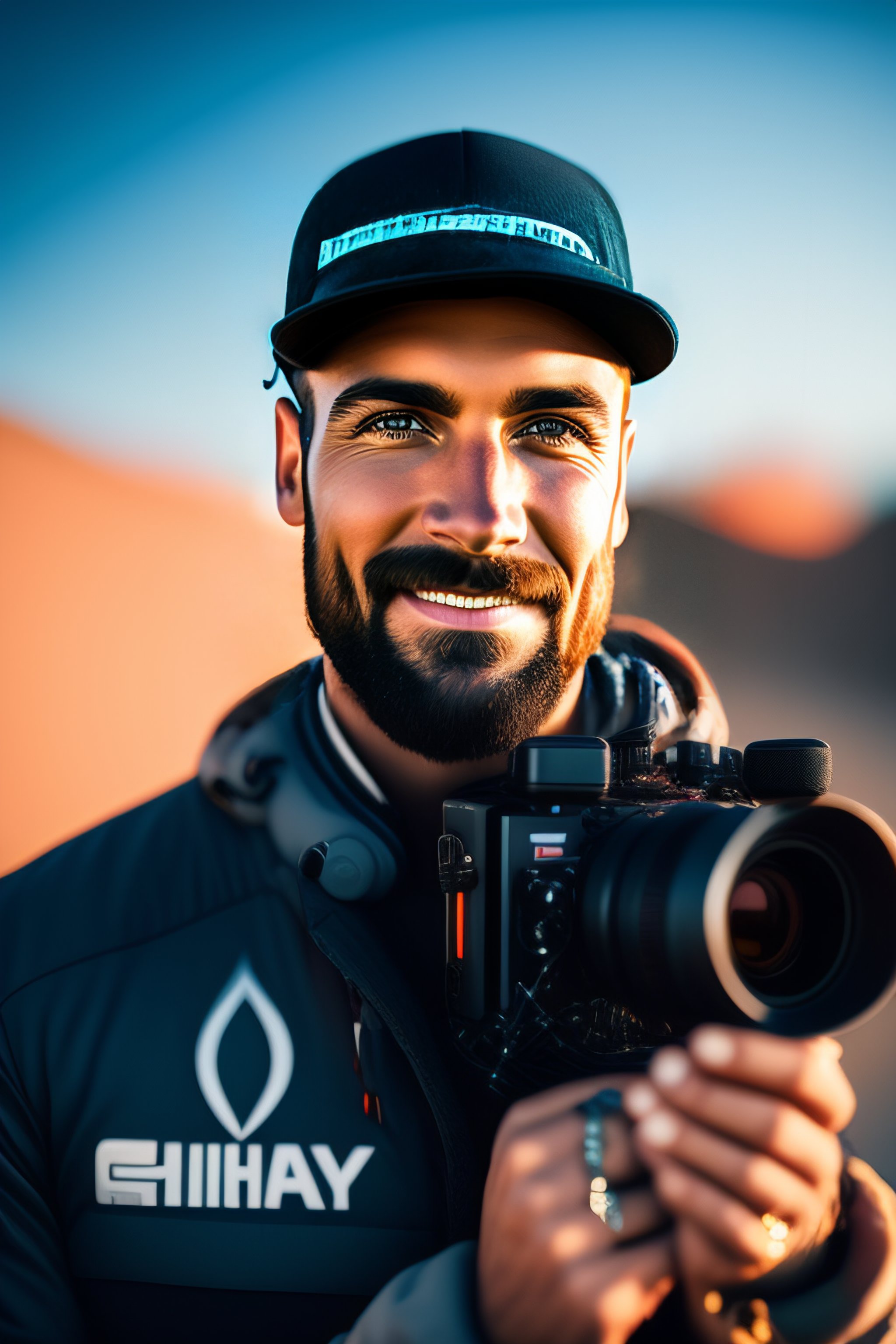 Lexica Give the camera guy a video camera, change the background to a