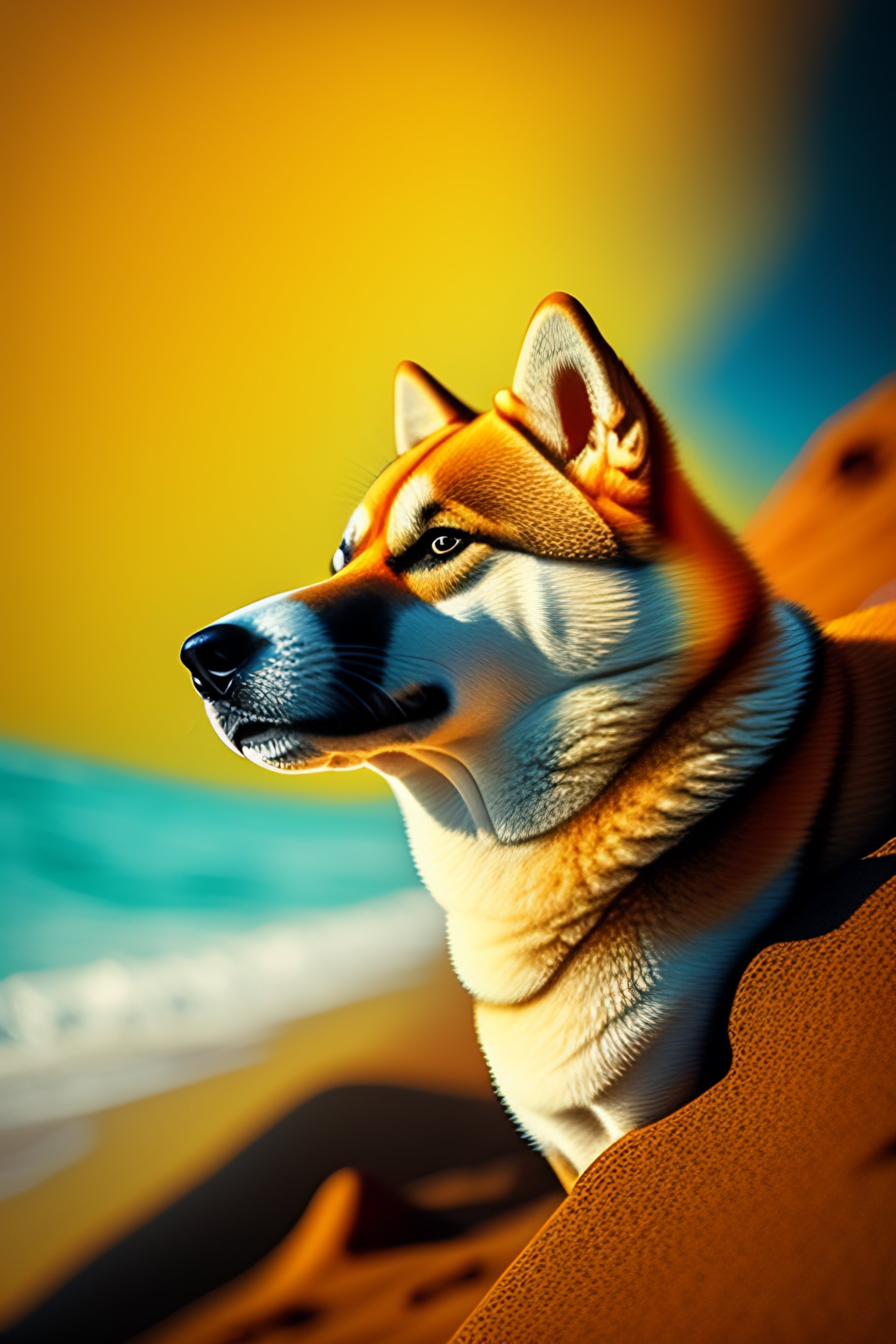 Lexica - Shiba Inu diving off a cliff, yellow orange ibackground