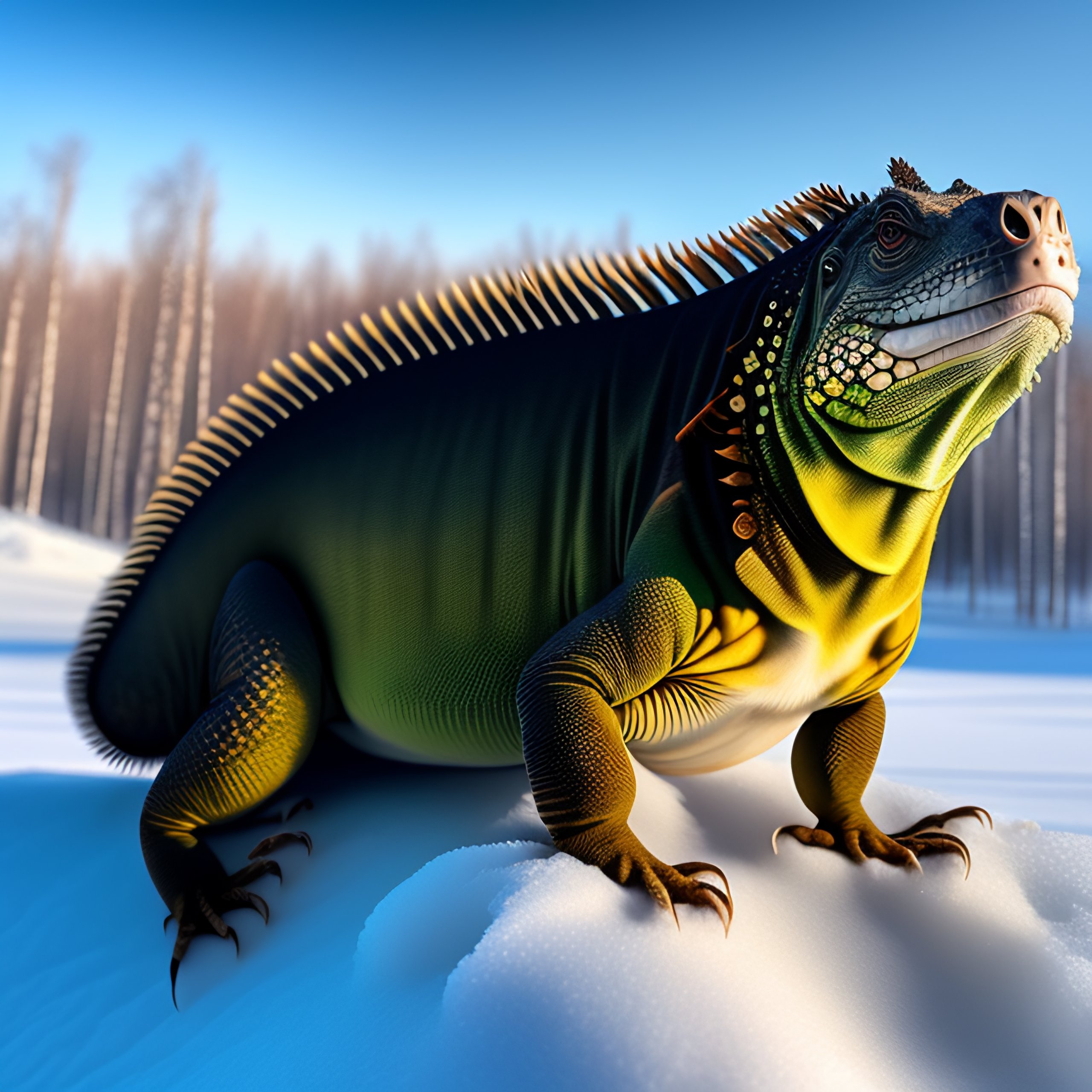 Lexica Dog iguana hybrid in stands covered in snow in Barnaul city