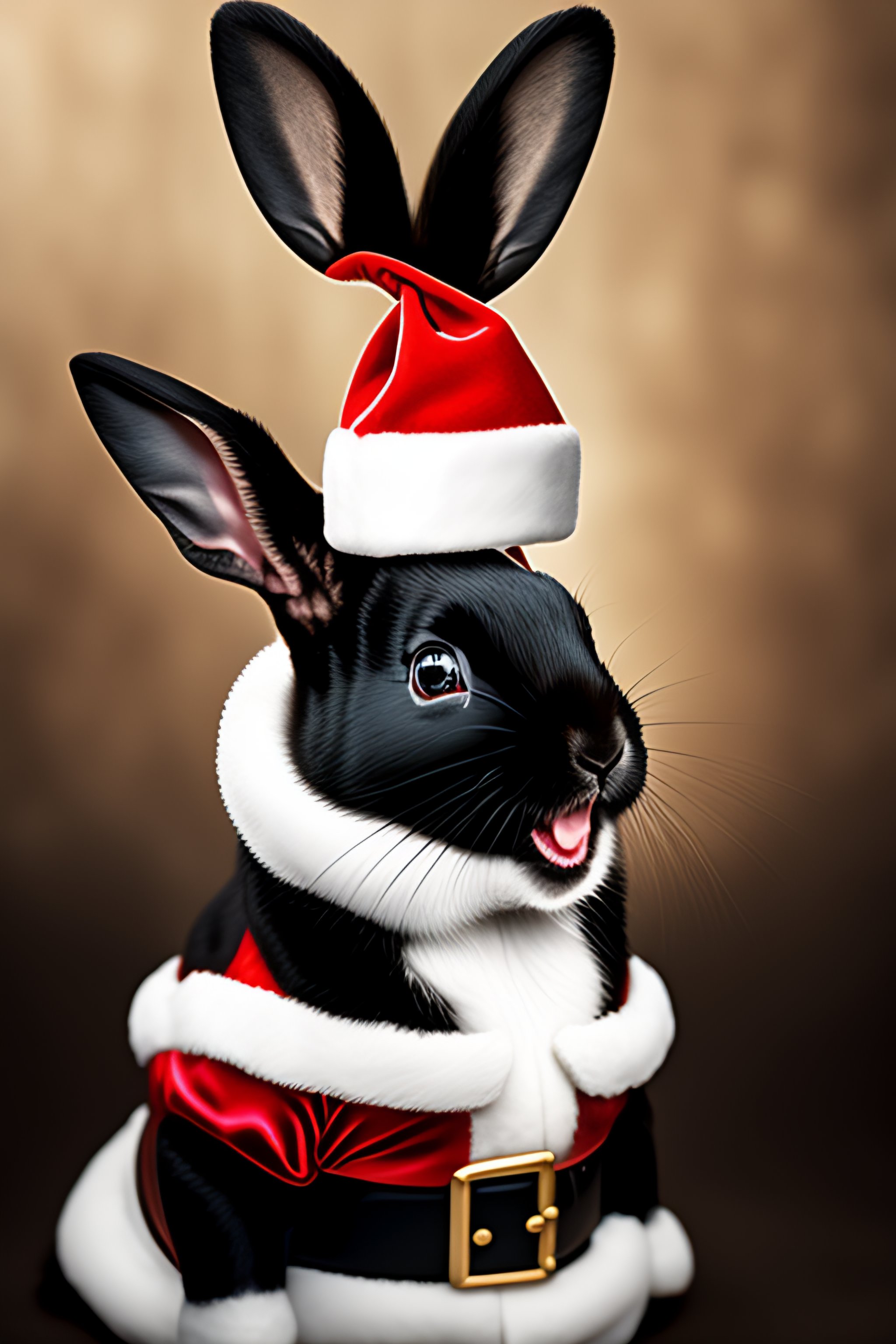 Lexica - Christmas, a black rabbit in a santa claus hat laughs