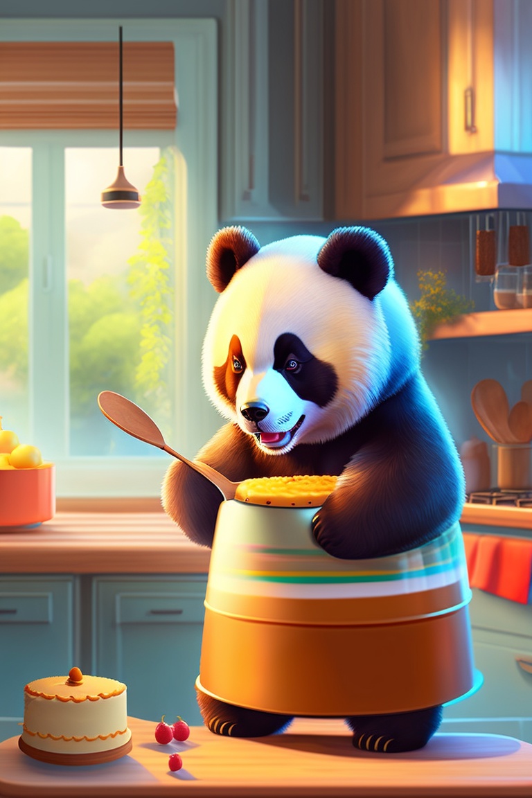 Lexica - A panda bear baking a cake in a sunny kitchen, digital art