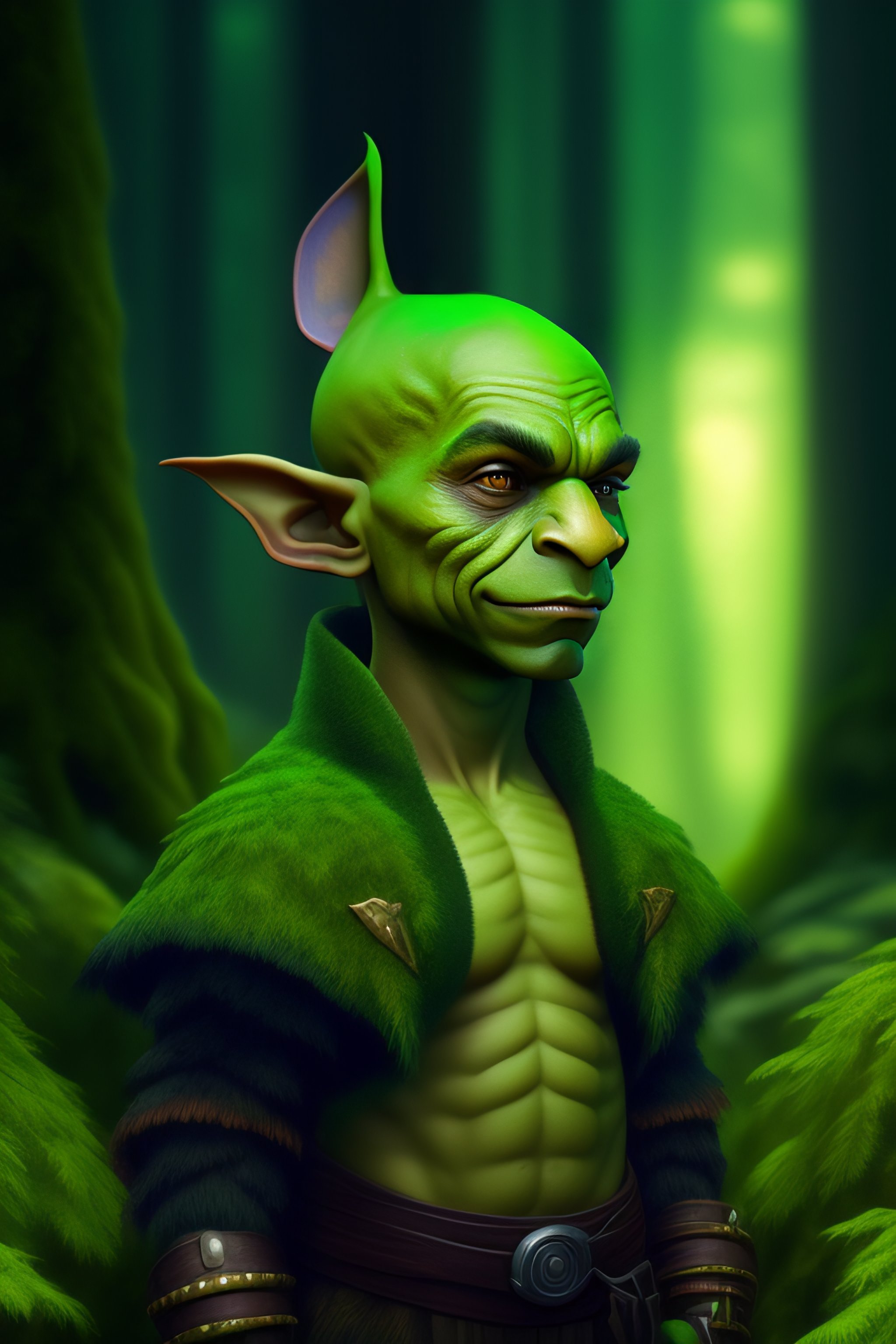 Lexica - Portrait of a small male green-skinned goblin druid with a ...