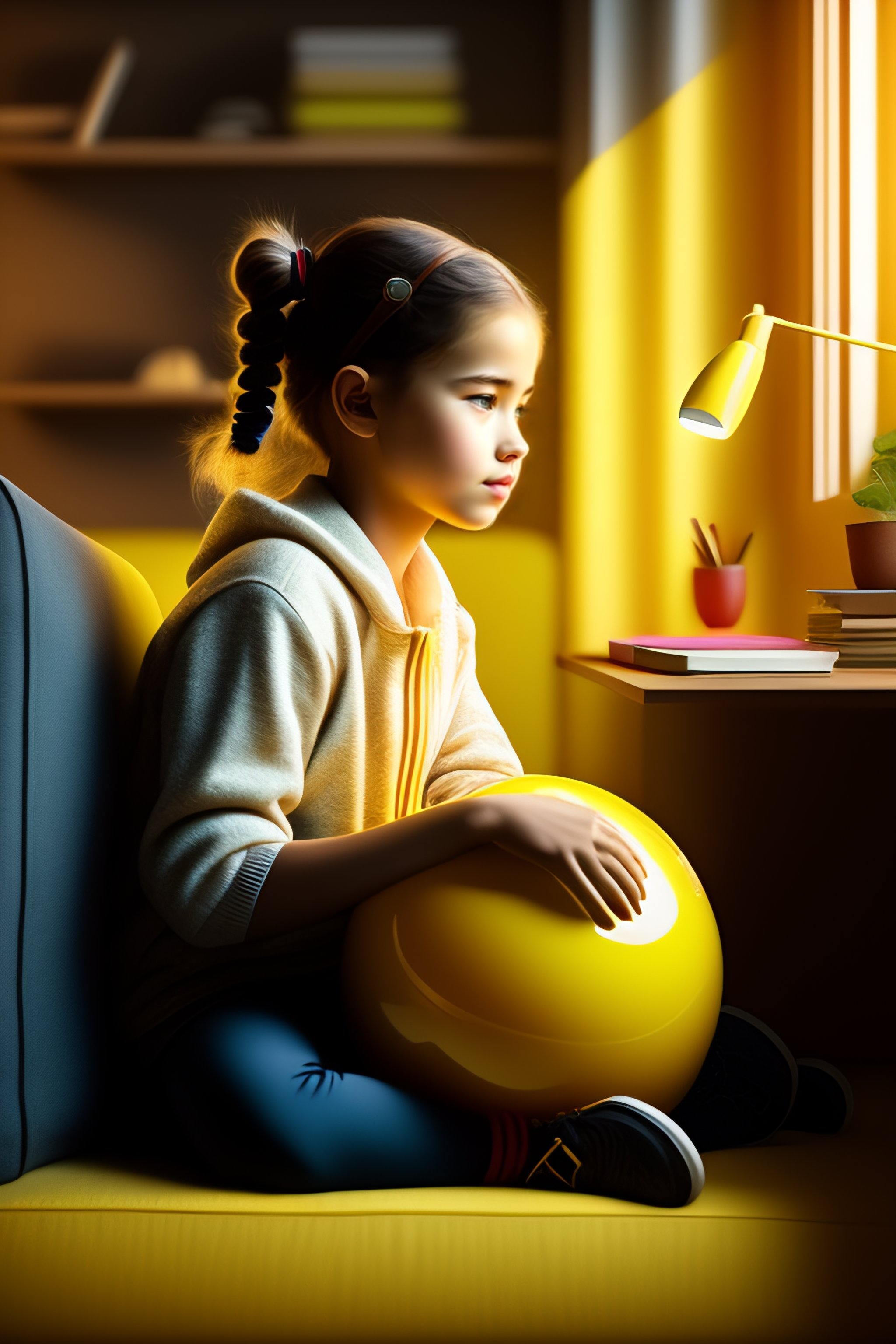 Lexica - Girl sitting on a yellow ball in front of her desk and ...